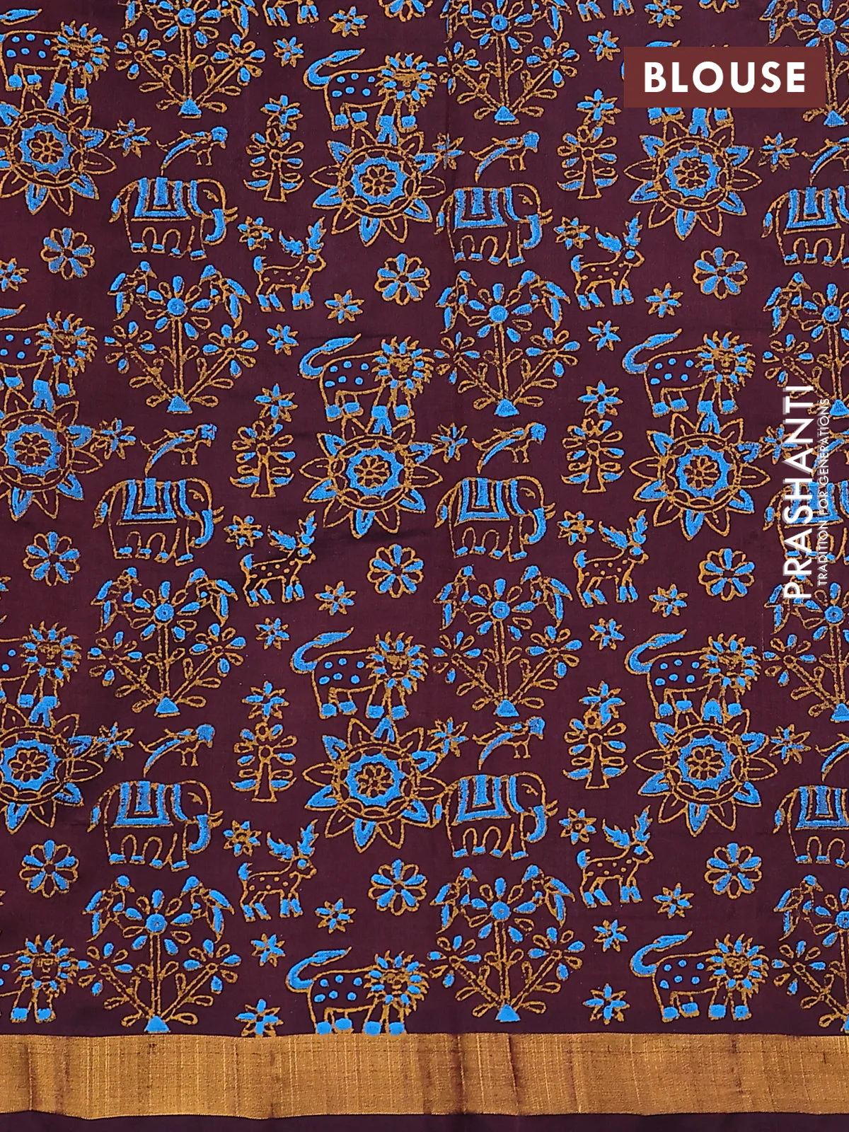 Silk cotton block printed saree deep wine shade with butta prints and zari woven border - Image 3