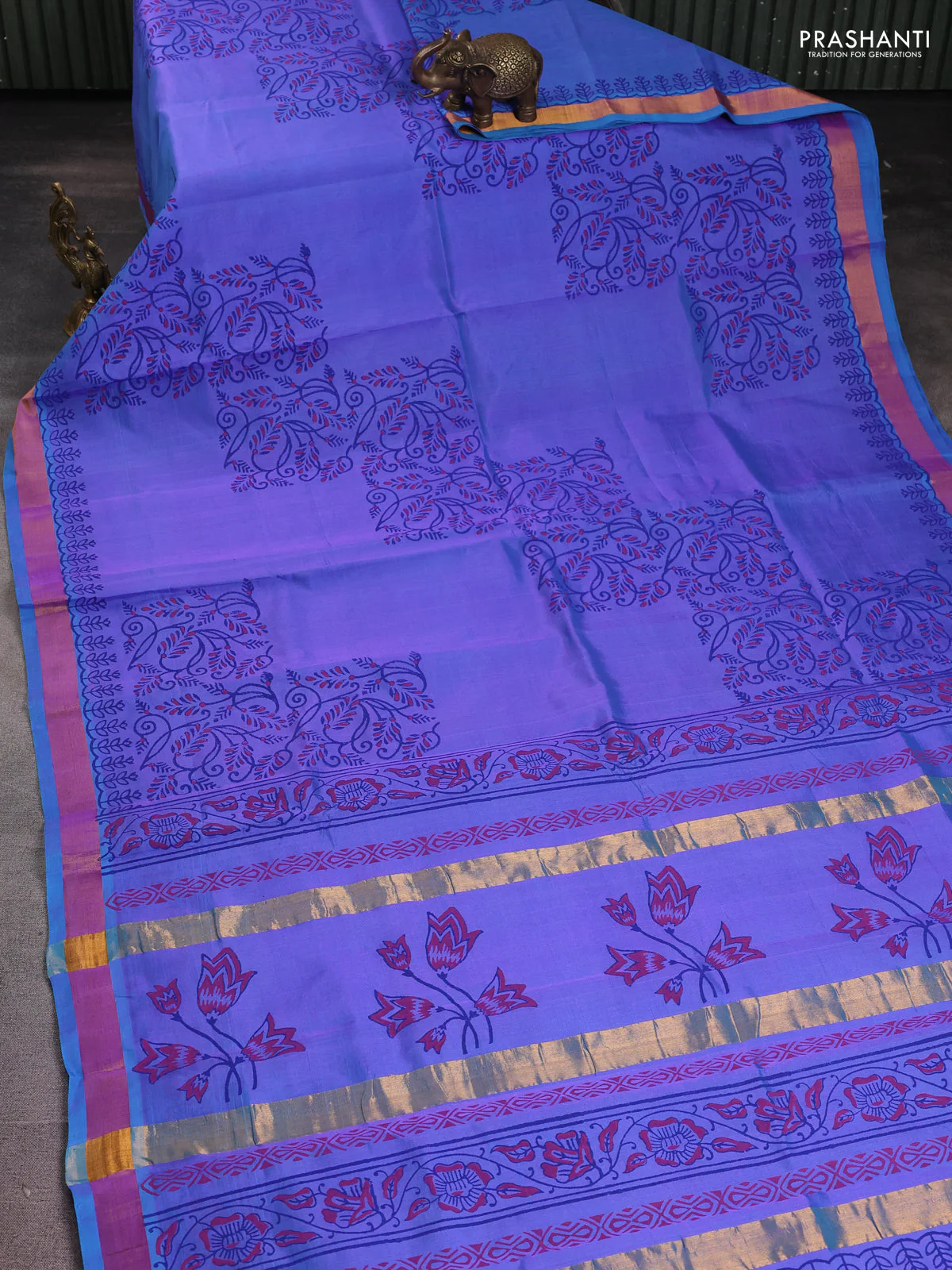 Silk cotton block printed saree dual shade of bluish violet with prints and long printed zari woven border - Image 2