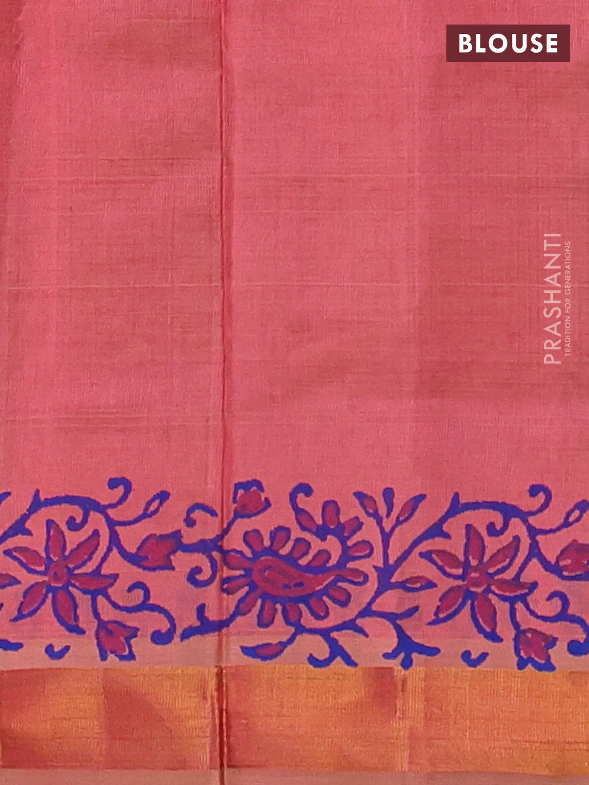 Silk cotton block printed saree dual shade of peach with allover prints and zari woven border - Image 3