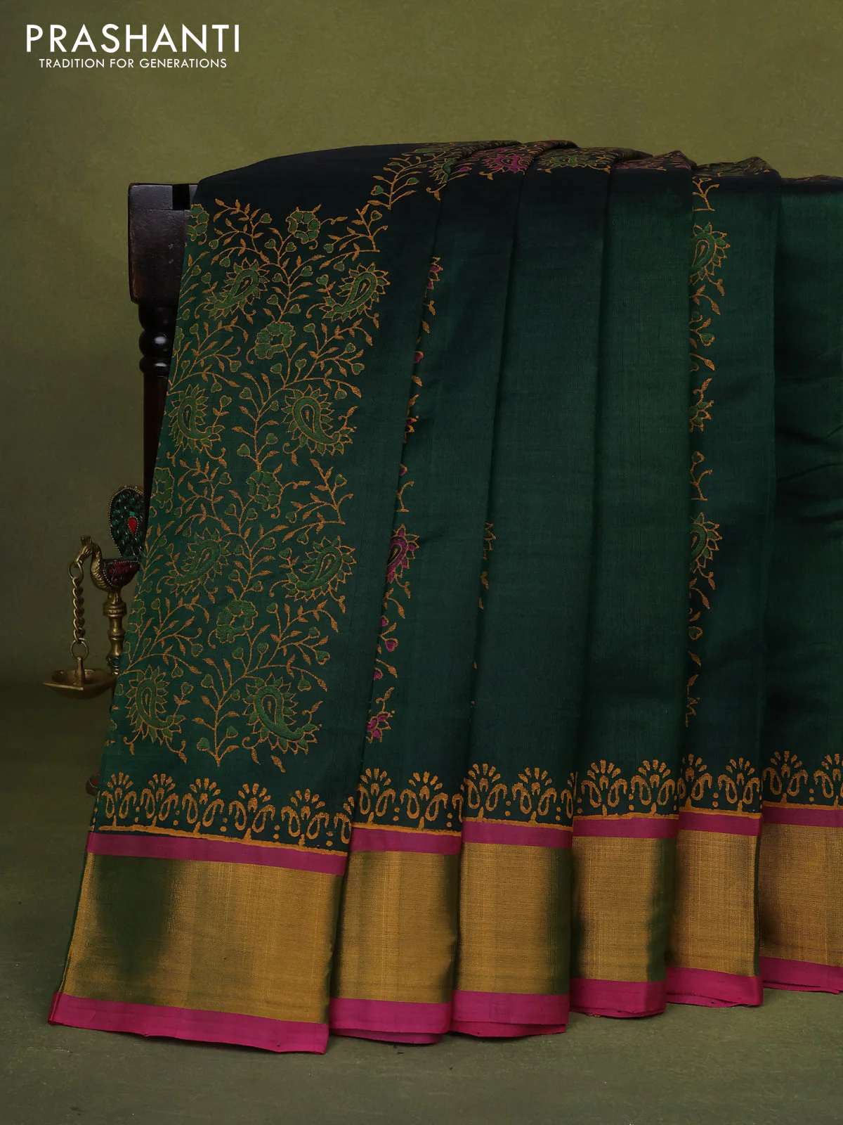 Silk cotton block printed saree green and pink with allover prints and zari woven border