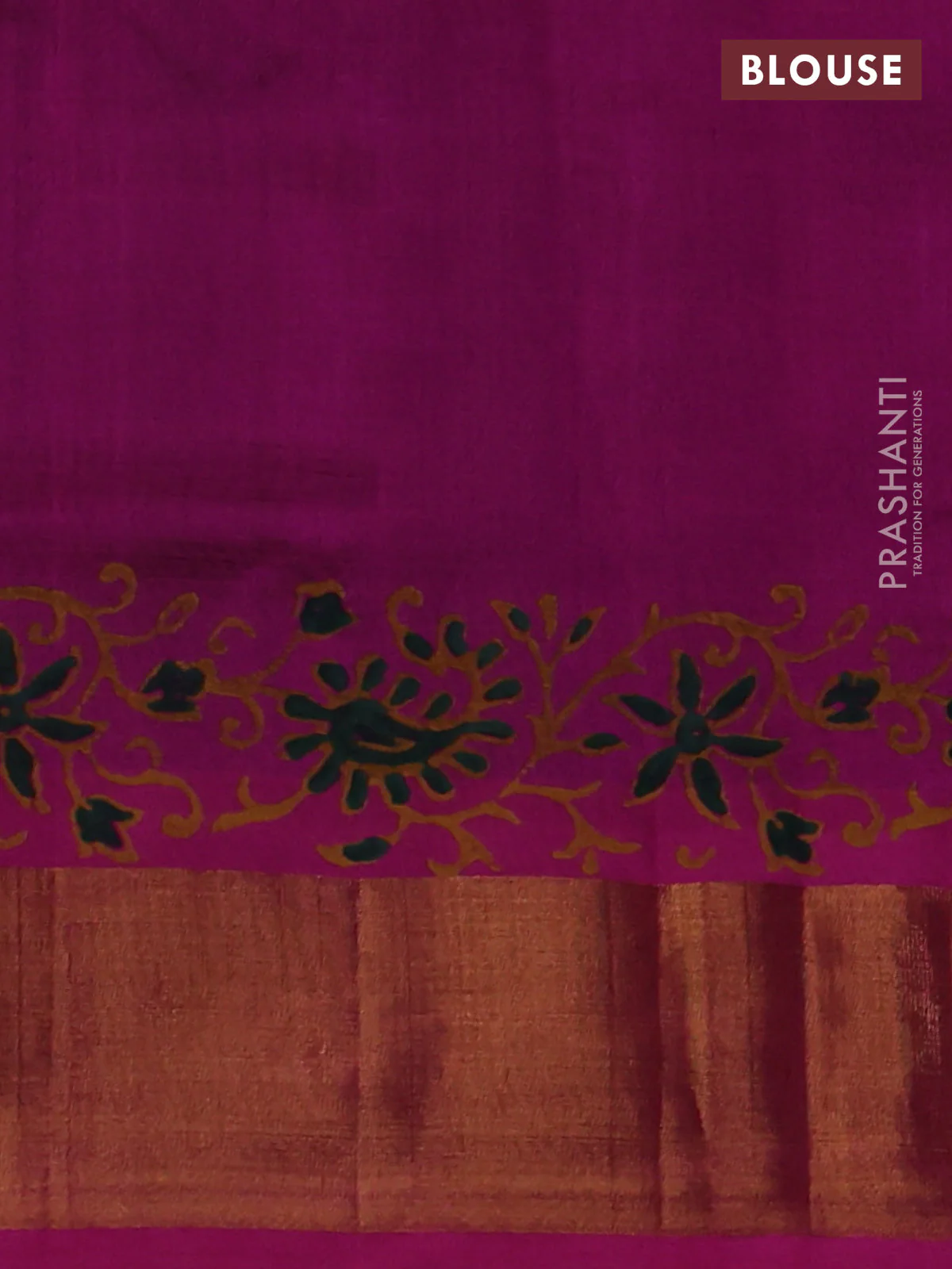 Silk cotton block printed saree green and pink with allover prints and zari woven border - Image 3