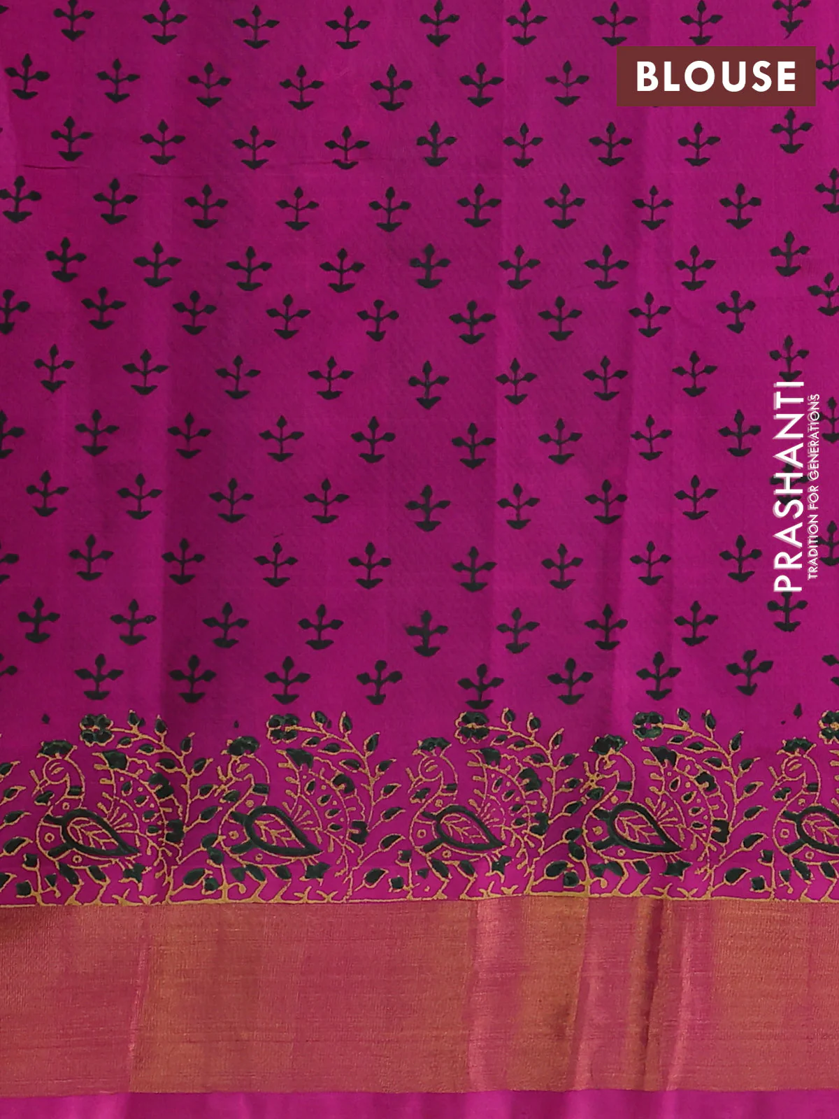 Silk cotton block printed saree green and pink with annam butta prints and zari woven border - Image 3