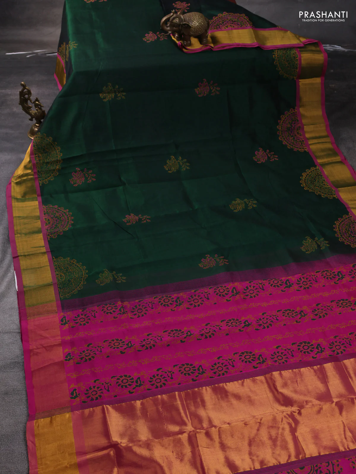 Silk cotton block printed saree green and pink with butta prints and zari woven border - Image 2
