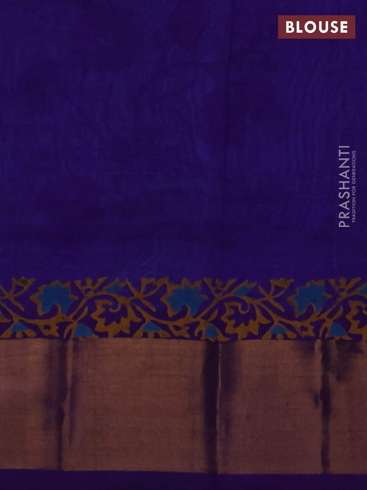 Silk cotton block printed saree light blue and blue with allover floral prints and zari woven border - Image 3