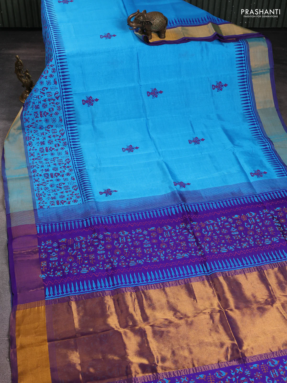 Silk cotton block printed saree light blue and violet with butta prints and zari woven border - Image 2