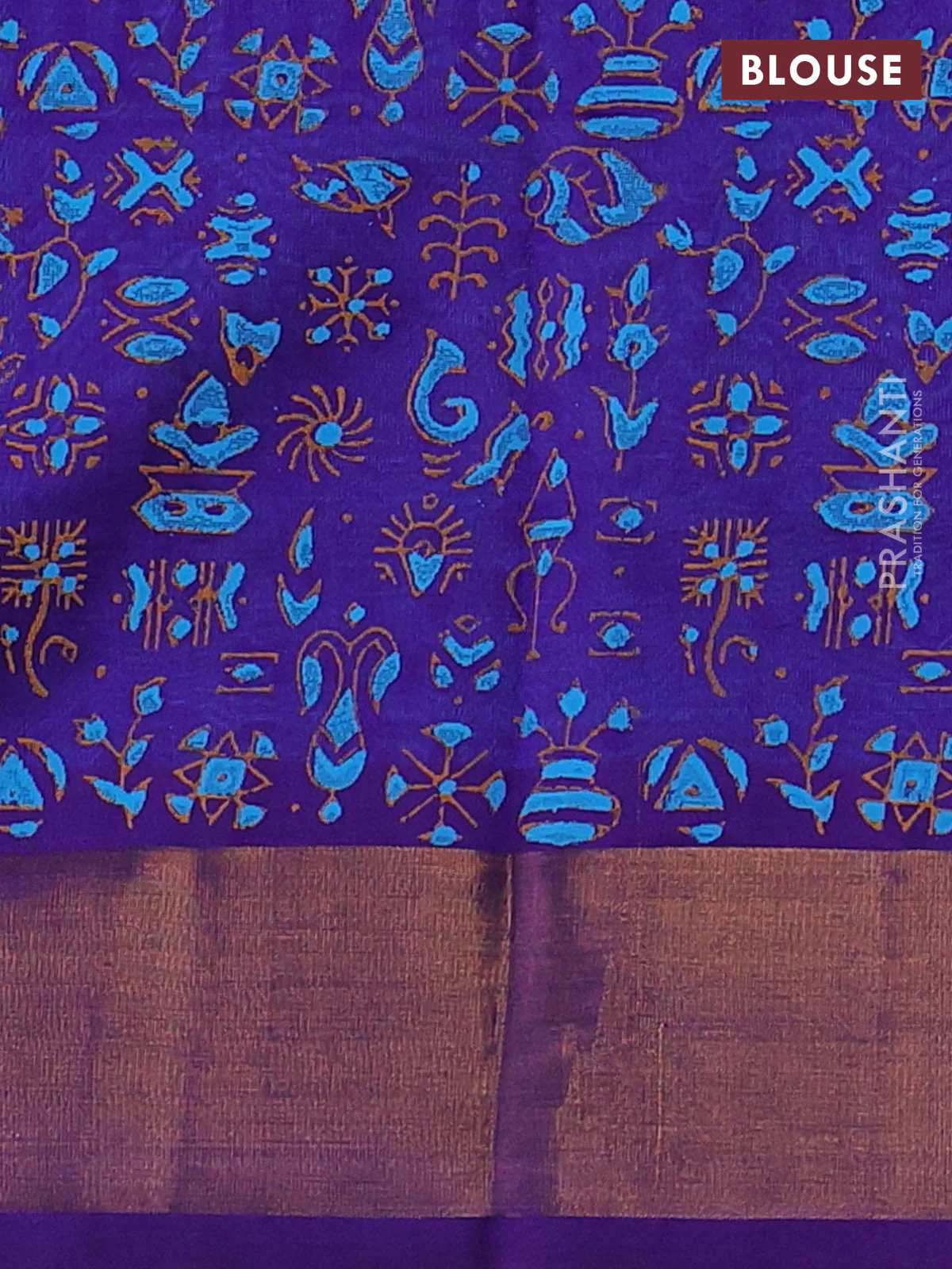 Silk cotton block printed saree light blue and violet with butta prints and zari woven border - Image 3