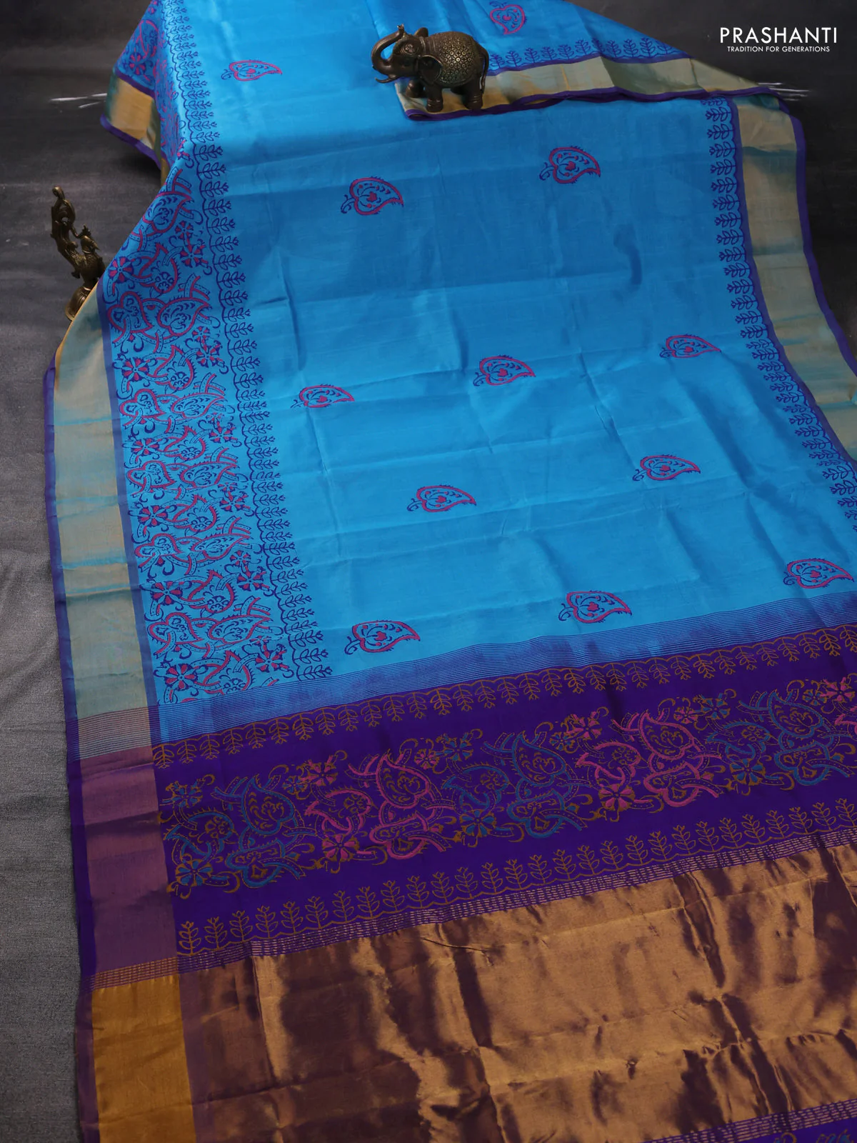 Silk cotton block printed saree light blue and violet with butta prints and zari woven border - Image 2