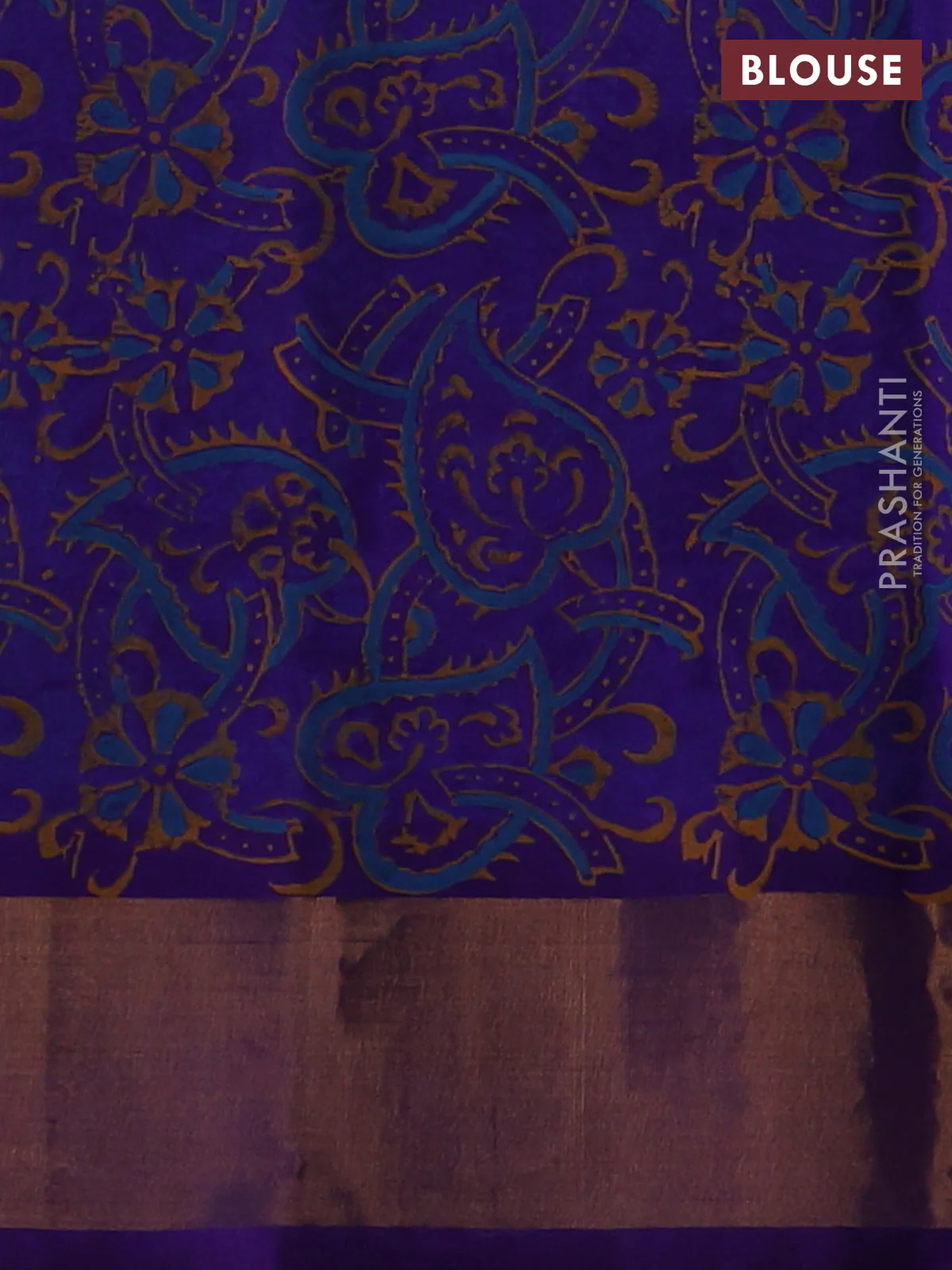 Silk cotton block printed saree light blue and violet with butta prints and zari woven border - Image 3