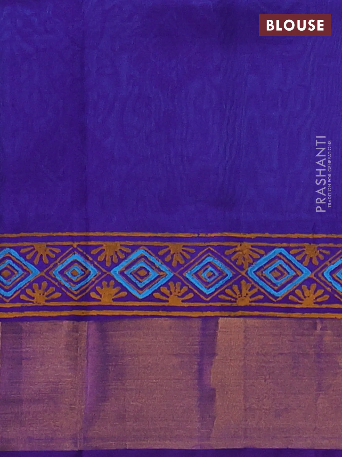 Silk cotton block printed saree light blue and violet with prints and zari woven border - Image 3