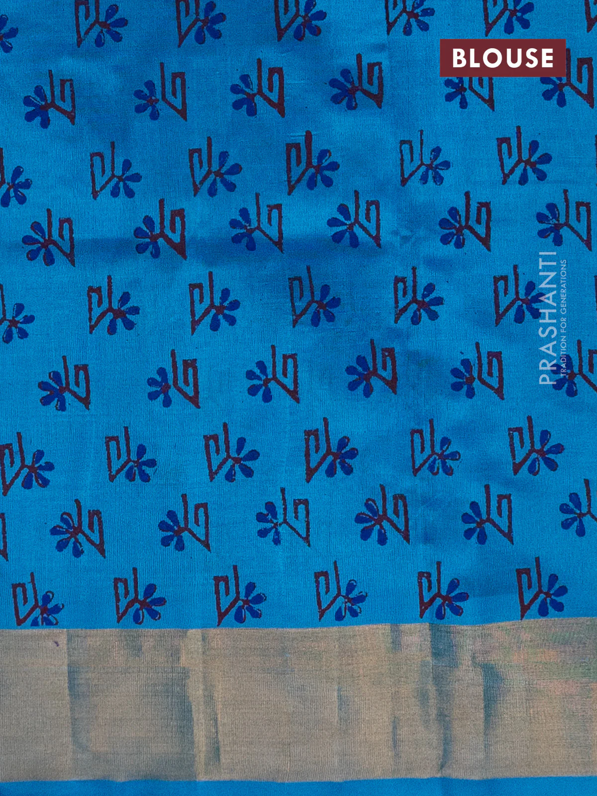 Silk cotton block printed saree light blue with allover butta prints and zari woven border - Image 3