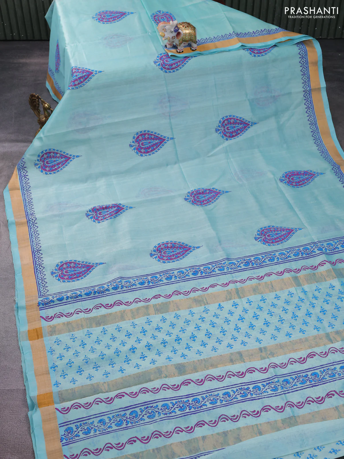 Silk cotton block printed saree light blue with butta prints and zari woven border - Image 2