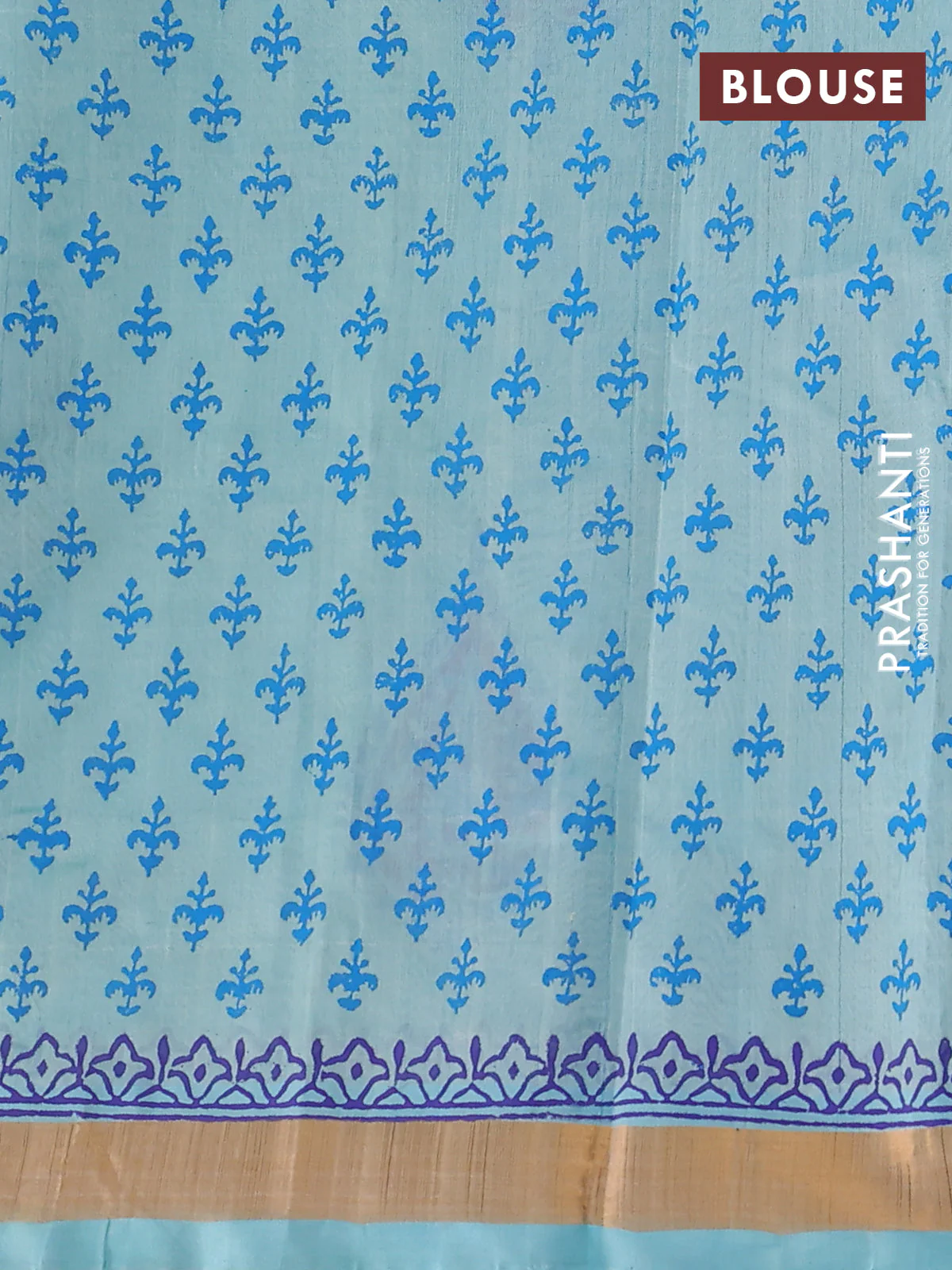 Silk cotton block printed saree light blue with butta prints and zari woven border - Image 3