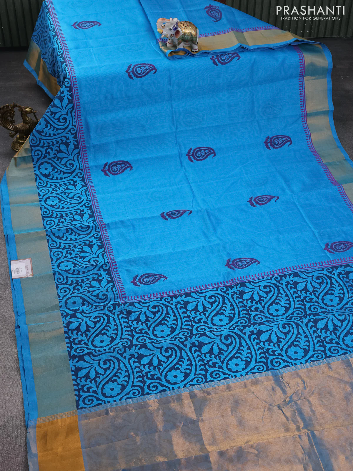 Silk cotton block printed saree light blue with butta prints and zari woven border - Image 2
