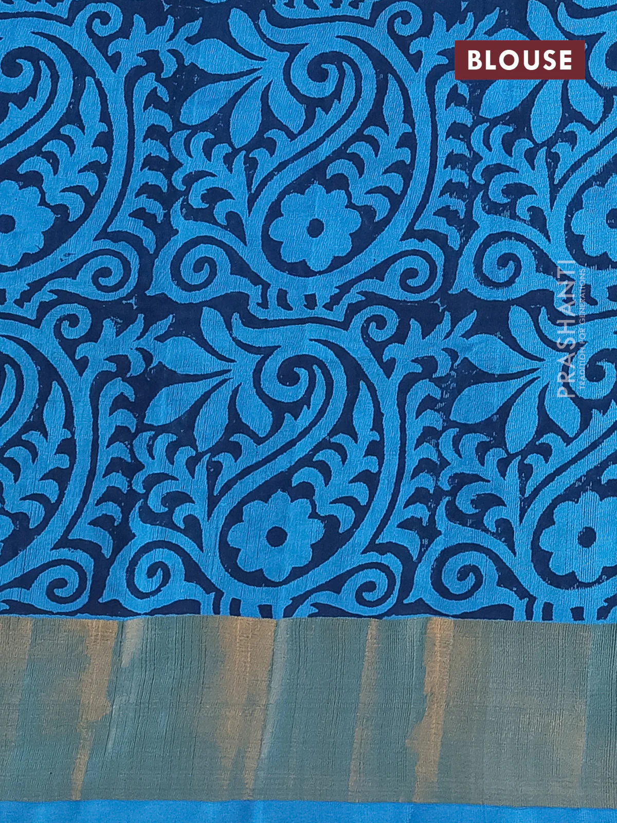 Silk cotton block printed saree light blue with butta prints and zari woven border - Image 3