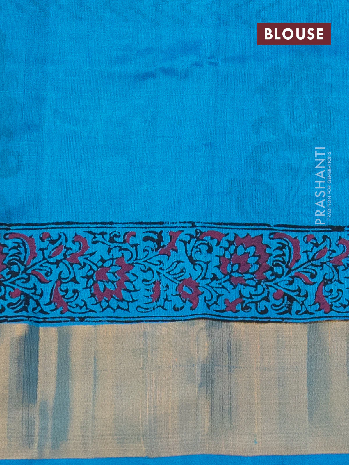 Silk cotton block printed saree light blue with butta prints and zari woven border - Image 3