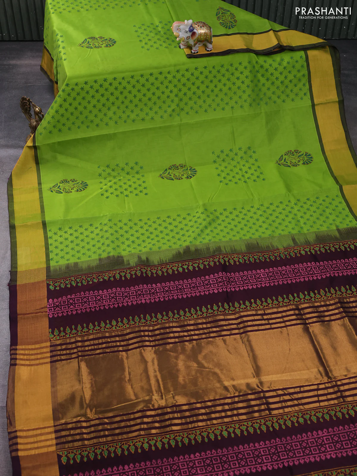 Silk cotton block printed saree light green and deep wine shade with floral butta prints and zari woven border - Image 2