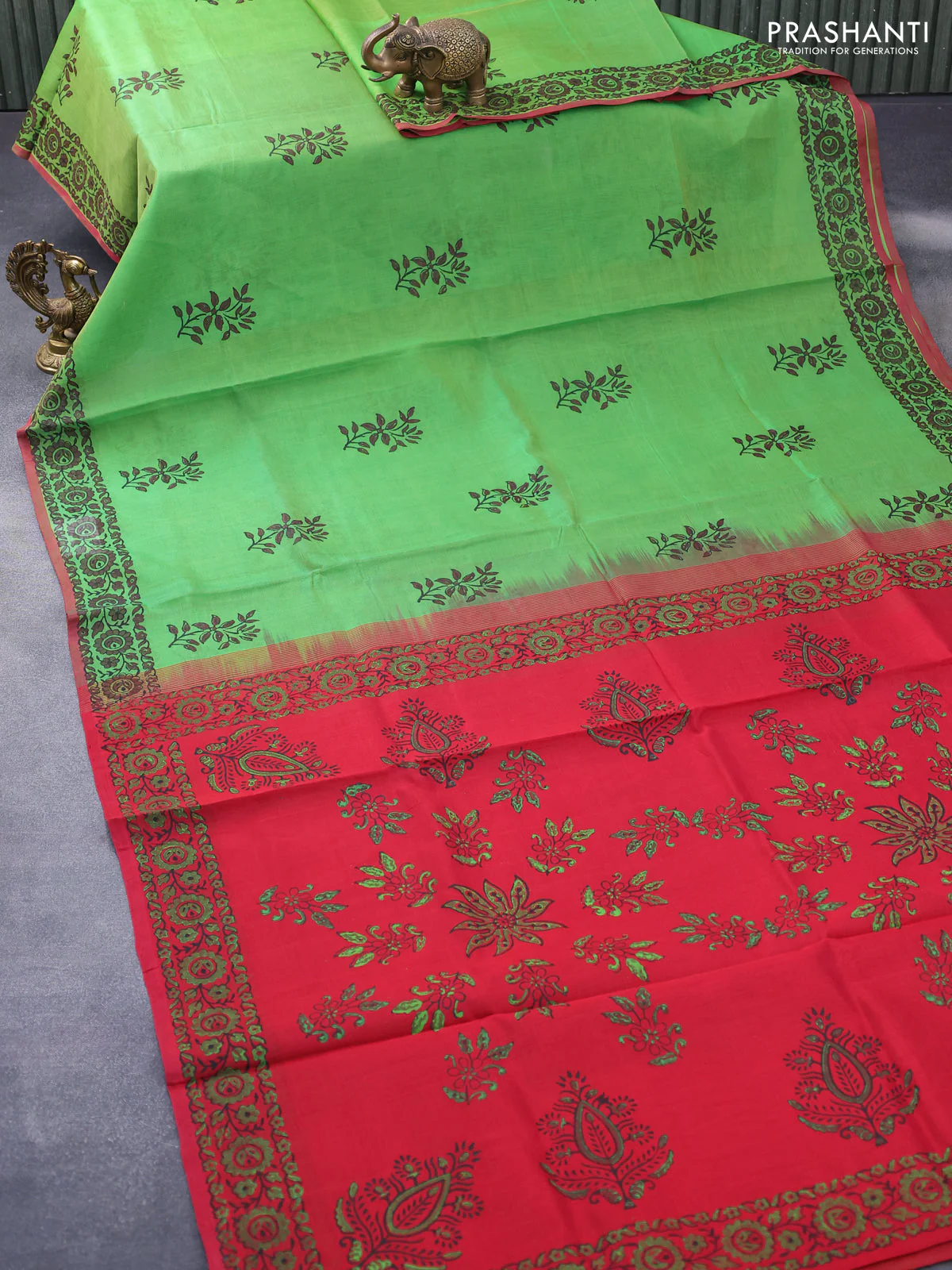 Silk cotton block printed saree light green and red with butta prints and printed border - Image 2