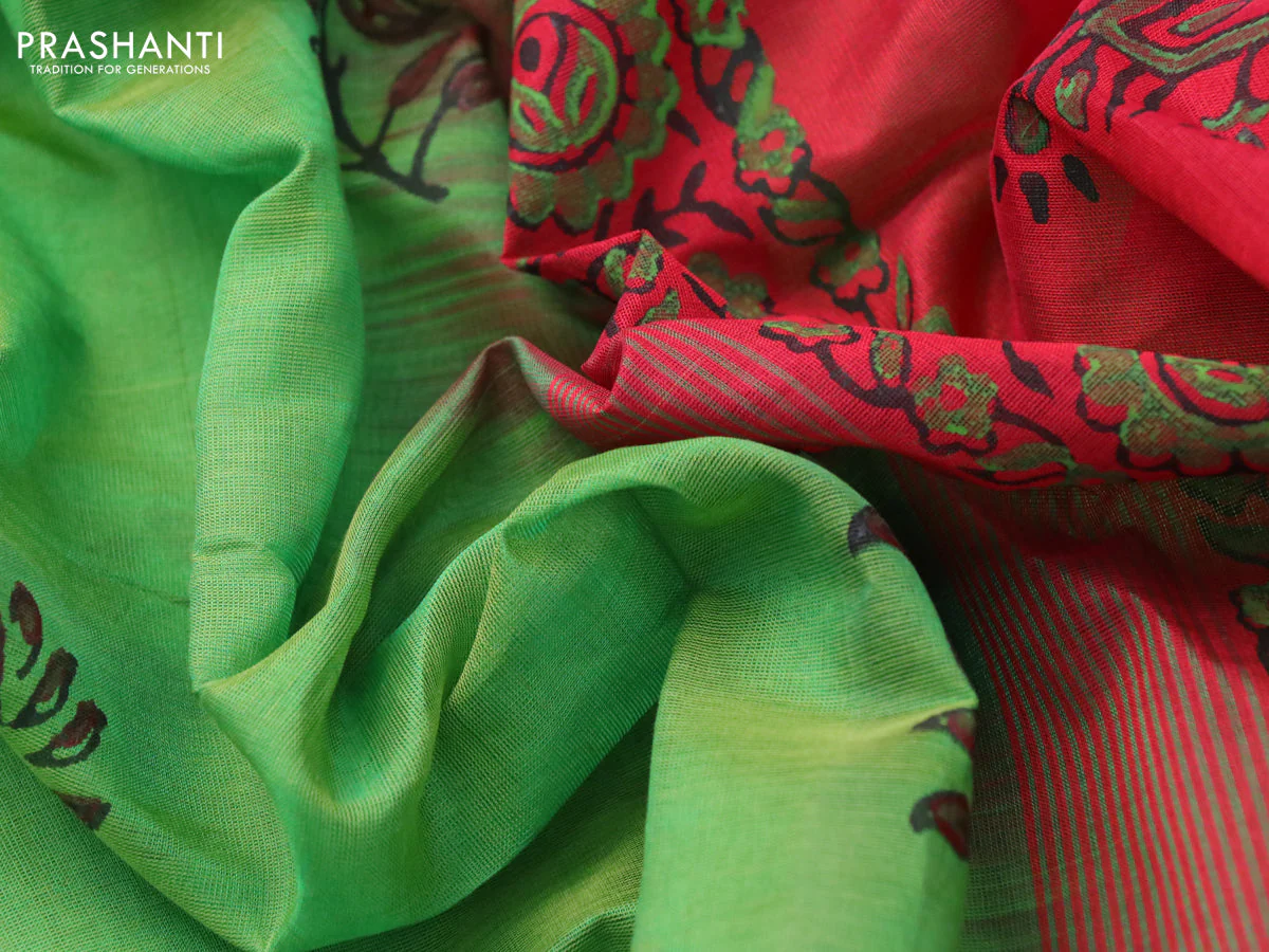 Silk cotton block printed saree light green and red with butta prints and printed border - Image 3