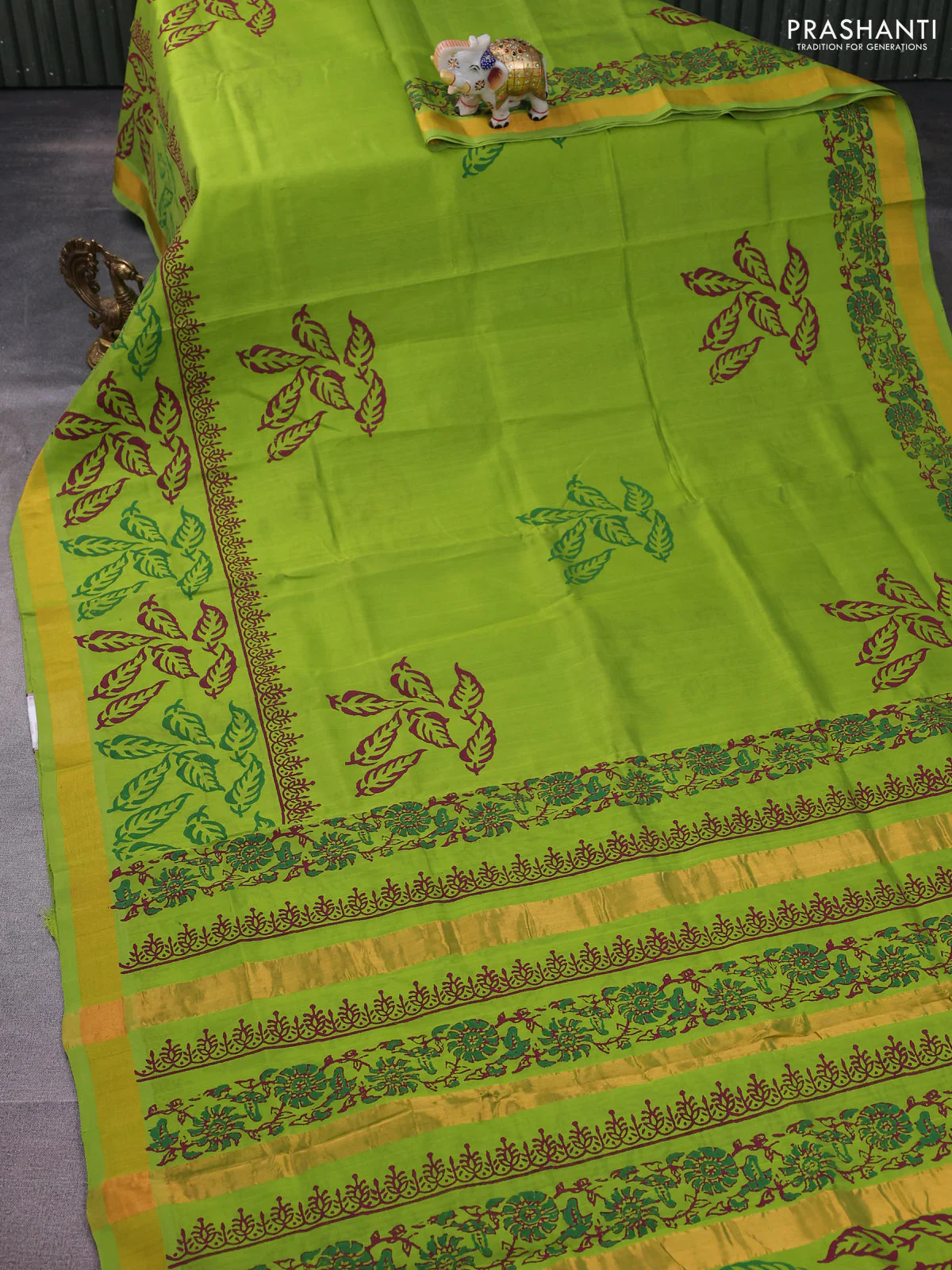 Silk cotton block printed saree light green with leaf prints and zari woven border - Image 2