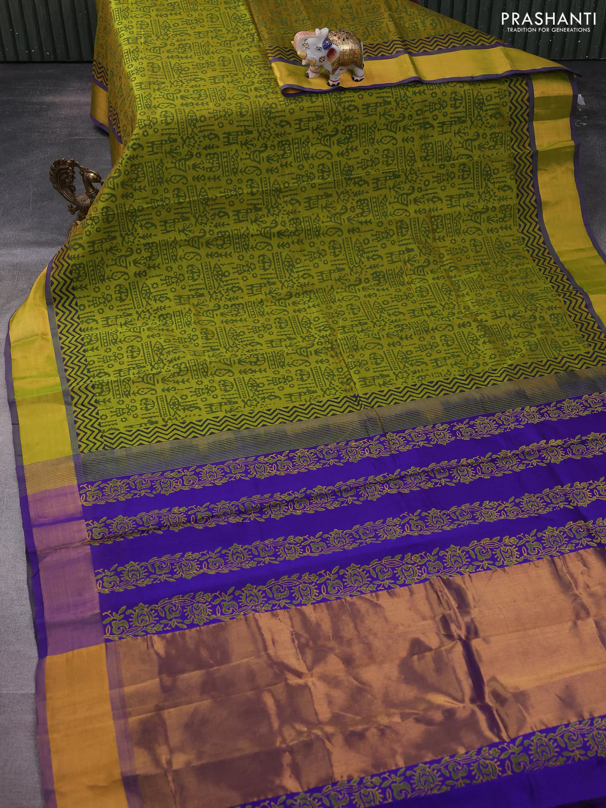 Silk cotton block printed saree lime green and violet with allover prints and zari woven border - Image 2
