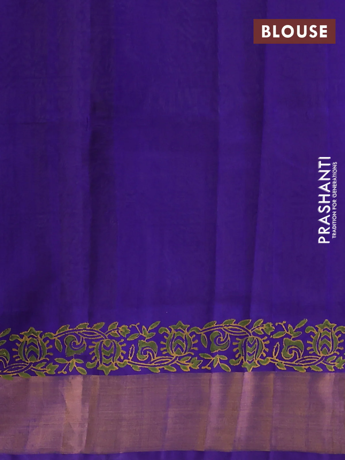 Silk cotton block printed saree lime green and violet with allover prints and zari woven border - Image 3