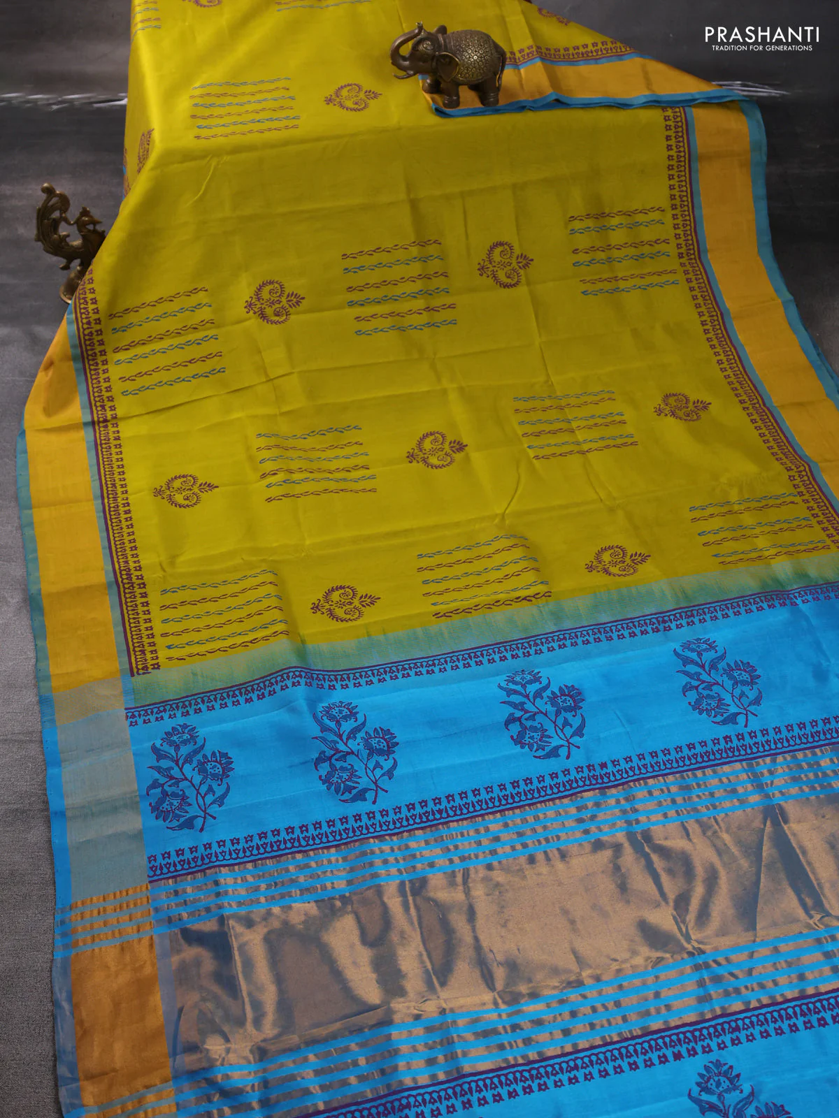 Silk cotton block printed saree lime yellow and cs blue with allover prints and zari woven border - Image 2