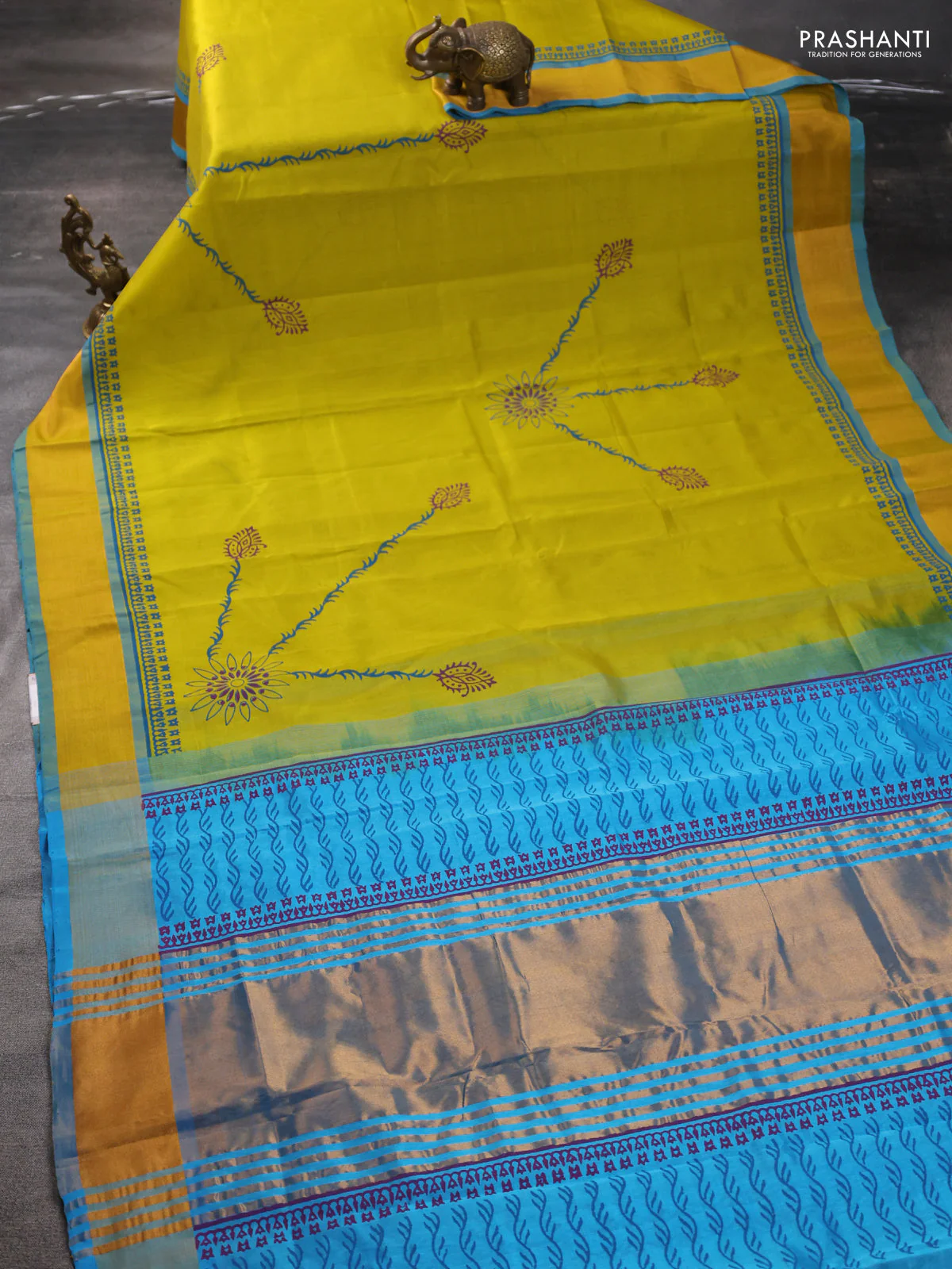 Silk cotton block printed saree lime yellow and cs blue with allover prints and zari woven border - Image 2