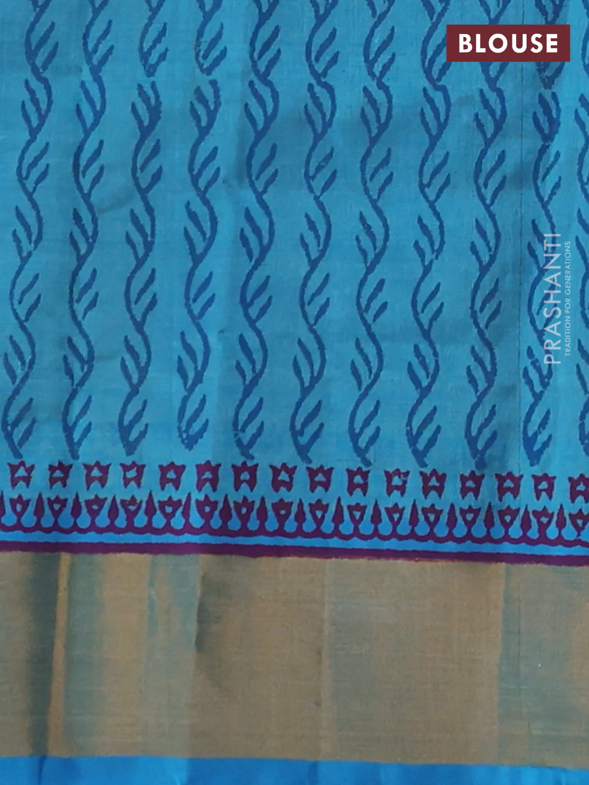 Silk cotton block printed saree lime yellow and cs blue with allover prints and zari woven border - Image 3