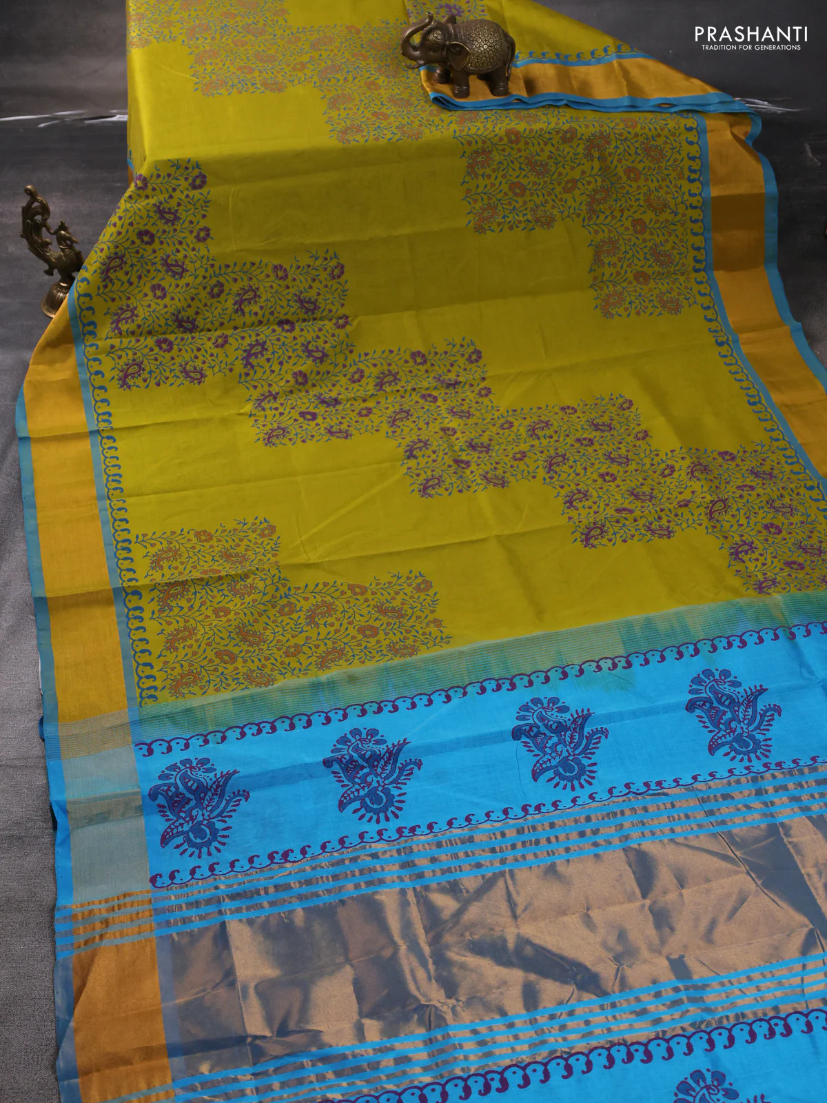 Silk cotton block printed saree lime yellow and cs blue with allover prints and zari woven border - Image 2