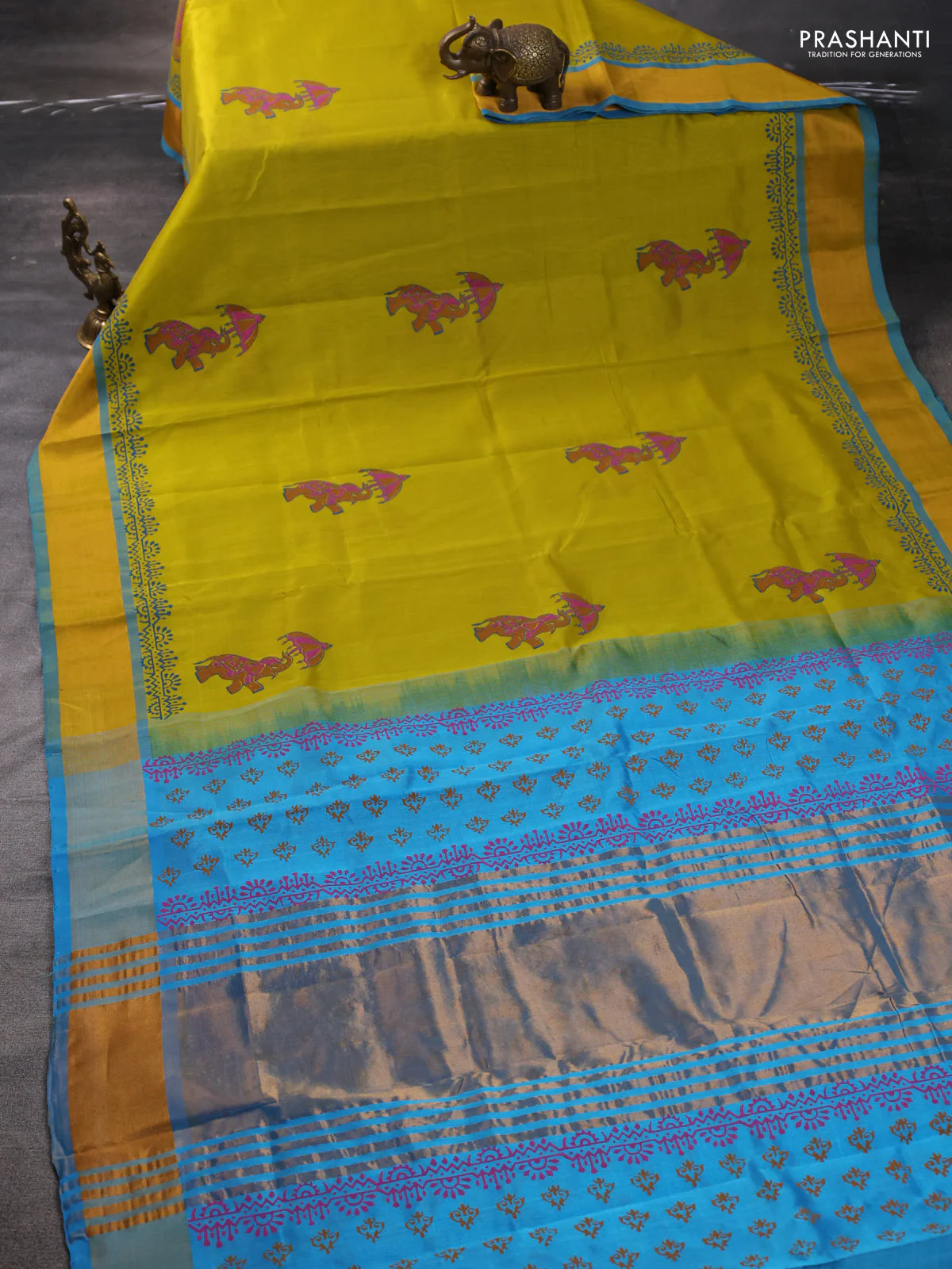 Silk cotton block printed saree lime yellow and cs blue with butta prints and zari woven border - Image 2