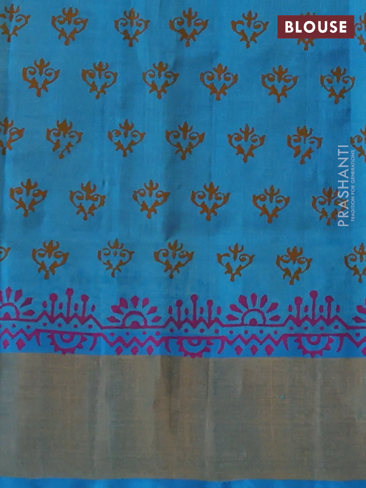 Silk cotton block printed saree lime yellow and cs blue with butta prints and zari woven border - Image 3