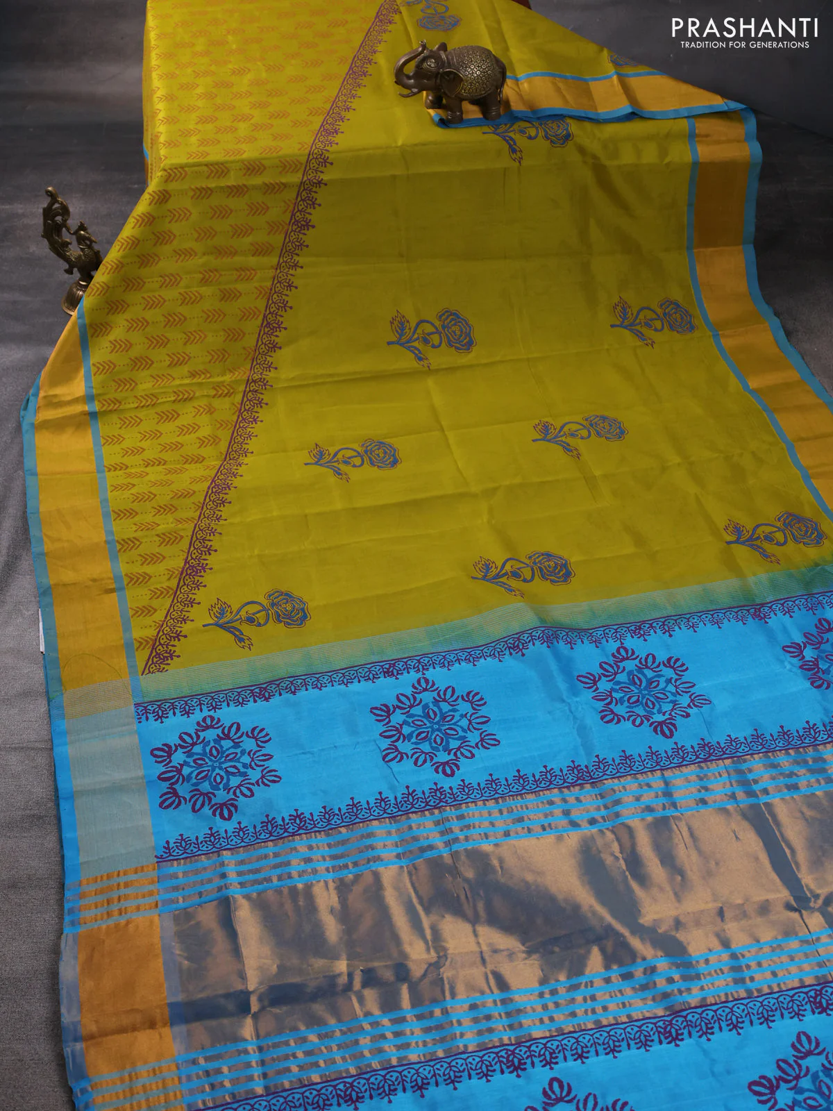 Silk cotton block printed saree lime yellow and cs blue with floral butta prints and zari woven border - Image 2