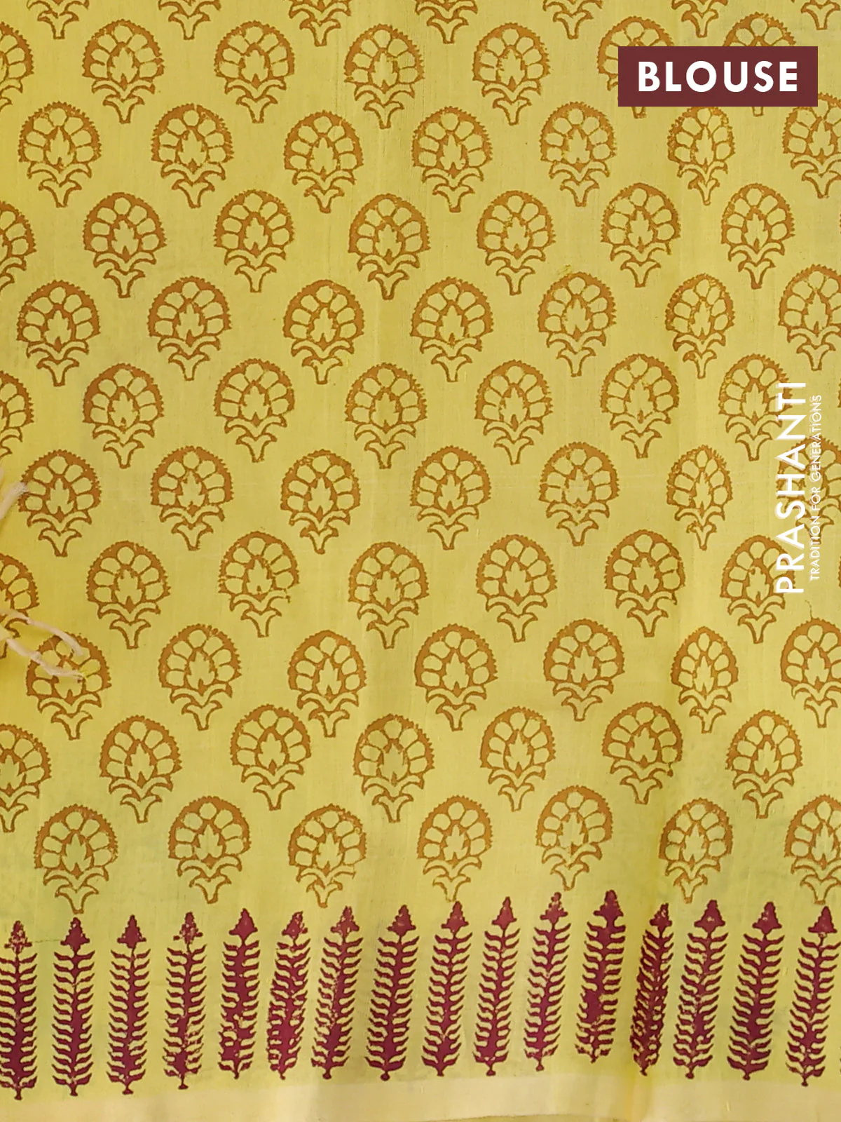 Silk cotton block printed saree lime yellow with butta prints and printed border - Image 3