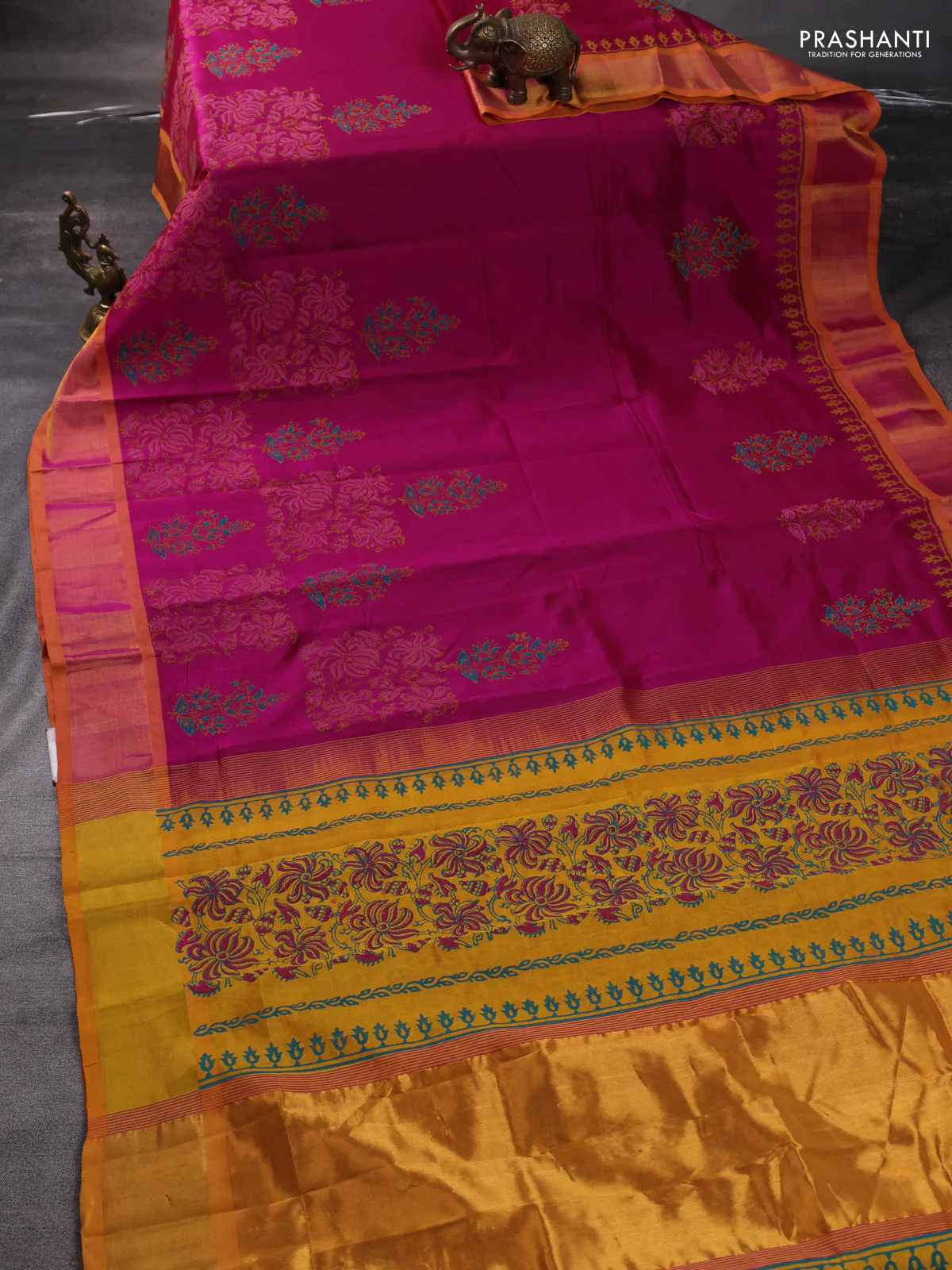 Silk cotton block printed saree magenta pink and mustard yellow with allover prints and zari woven border - Image 2