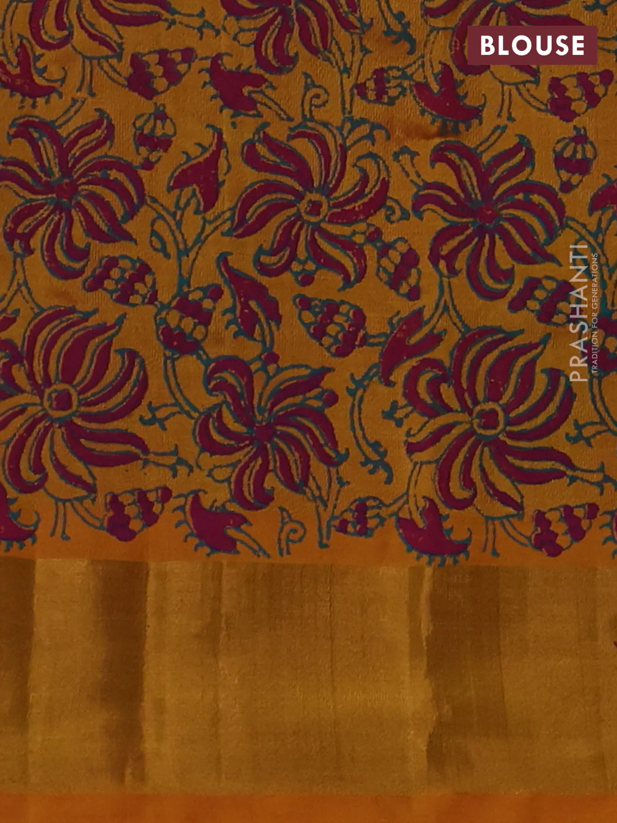 Silk cotton block printed saree magenta pink and mustard yellow with allover prints and zari woven border - Image 3