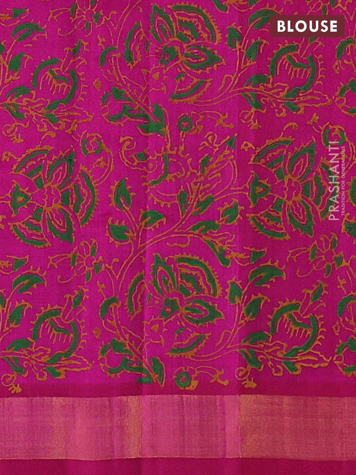 Silk cotton block printed saree magenta pink with butta prints and long printed zari woven border - Image 3