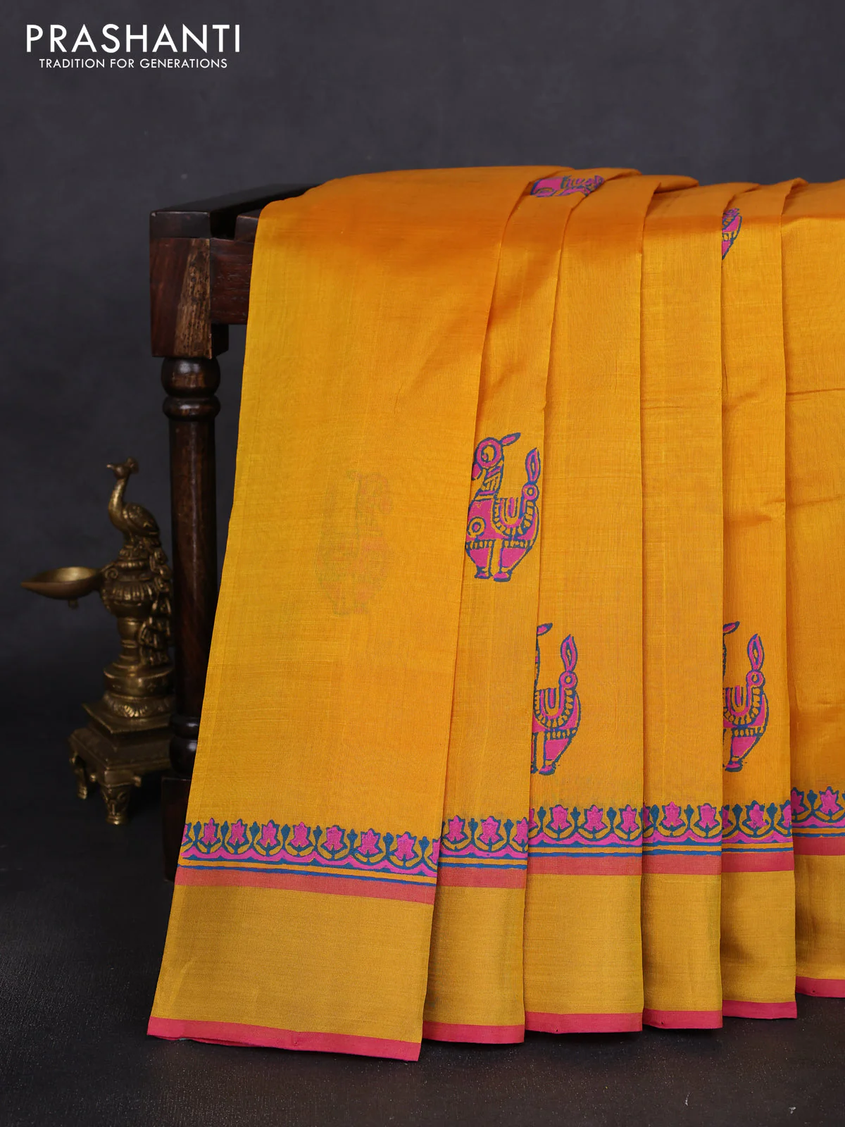 Silk cotton block printed saree mango yellow and pink with butta prints and zari woven border