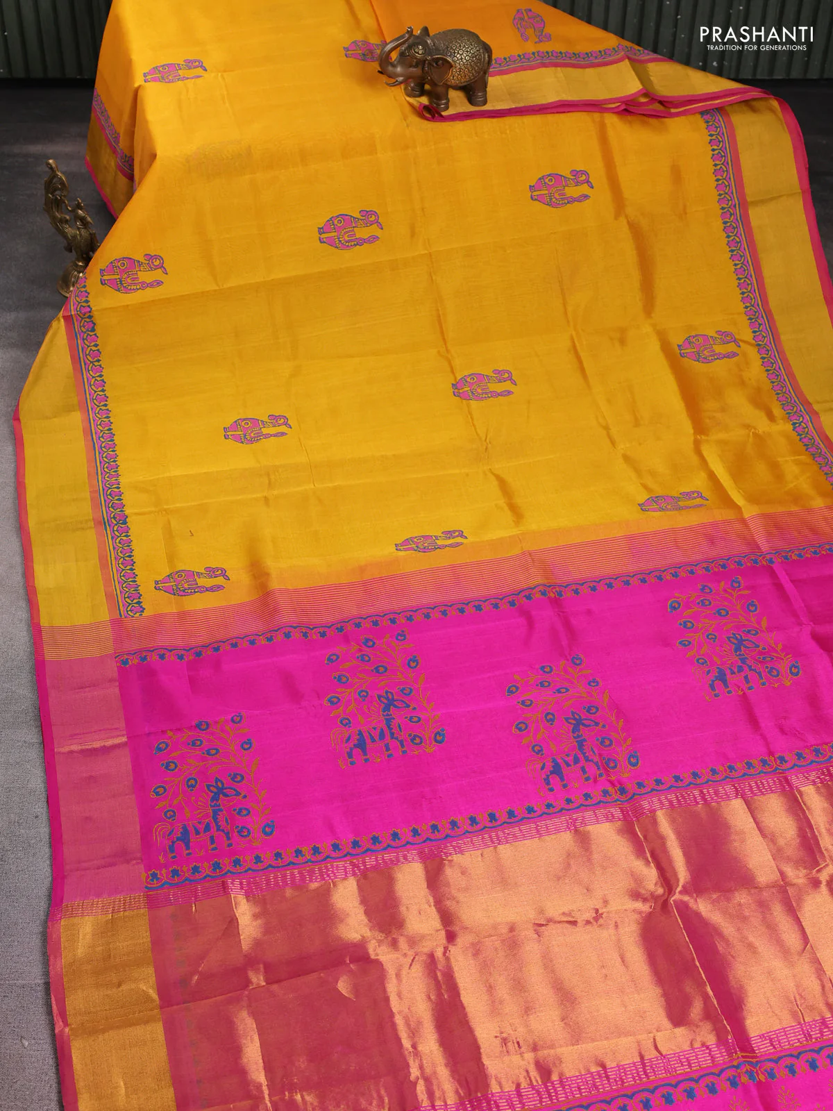 Silk cotton block printed saree mango yellow and pink with butta prints and zari woven border - Image 2