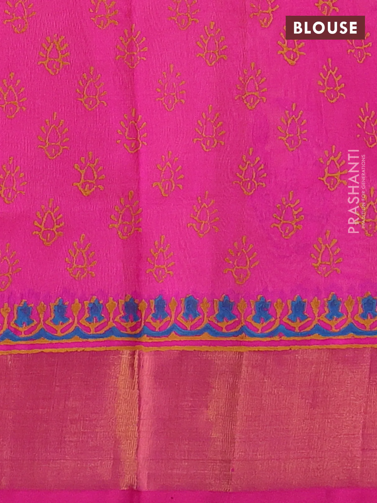 Silk cotton block printed saree mango yellow and pink with butta prints and zari woven border - Image 3