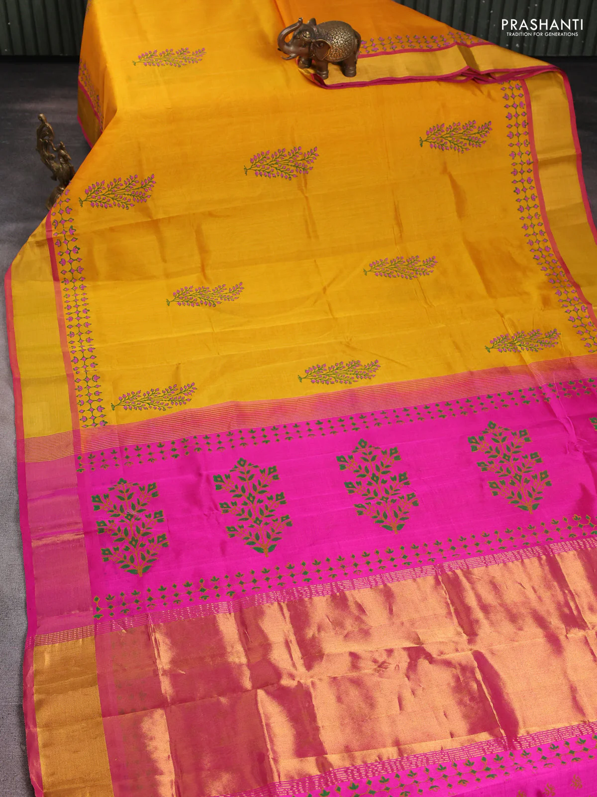 Silk cotton block printed saree mango yellow and pink with butta prints and zari woven border - Image 2