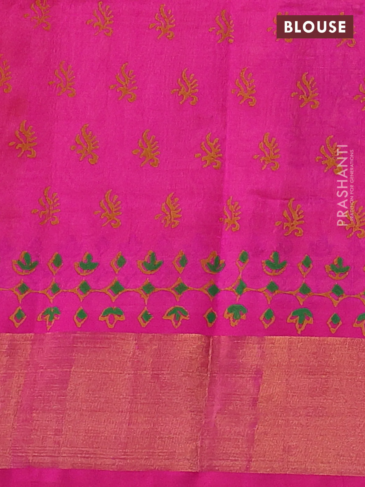 Silk cotton block printed saree mango yellow and pink with butta prints and zari woven border - Image 3