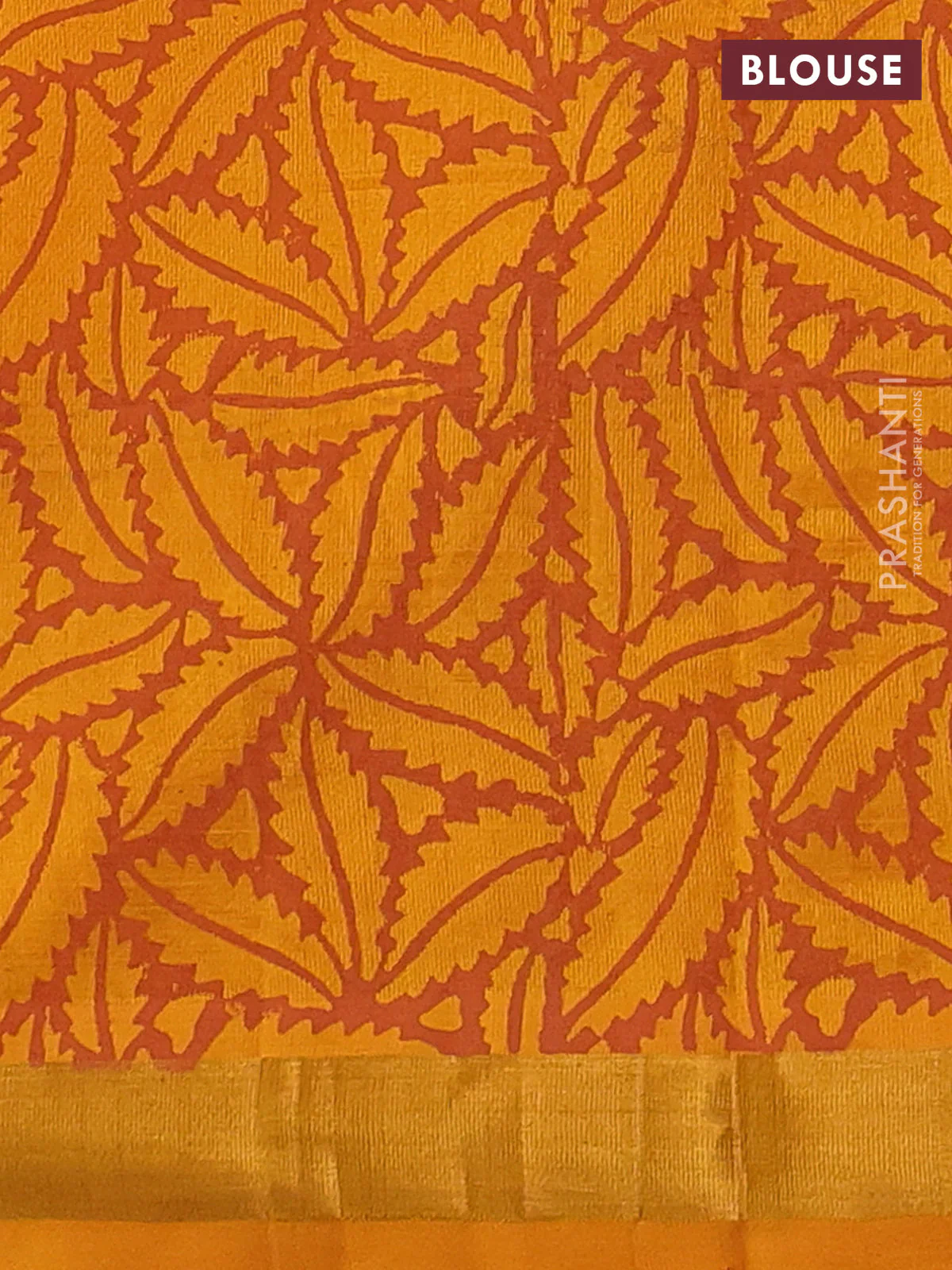Silk cotton block printed saree mango yellow with butta prints and long printed zari woven border - Image 3