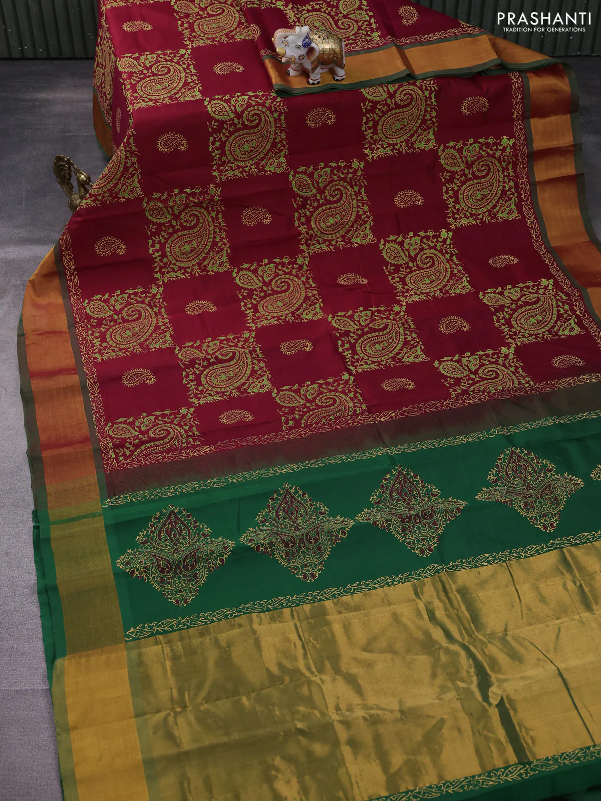 Silk cotton block printed saree maroon and green with allover paisley prints and zari woven border - Image 2