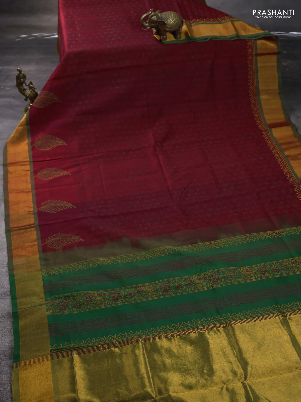 Silk cotton block printed saree maroon and green with allover prints and zari woven border - Image 2