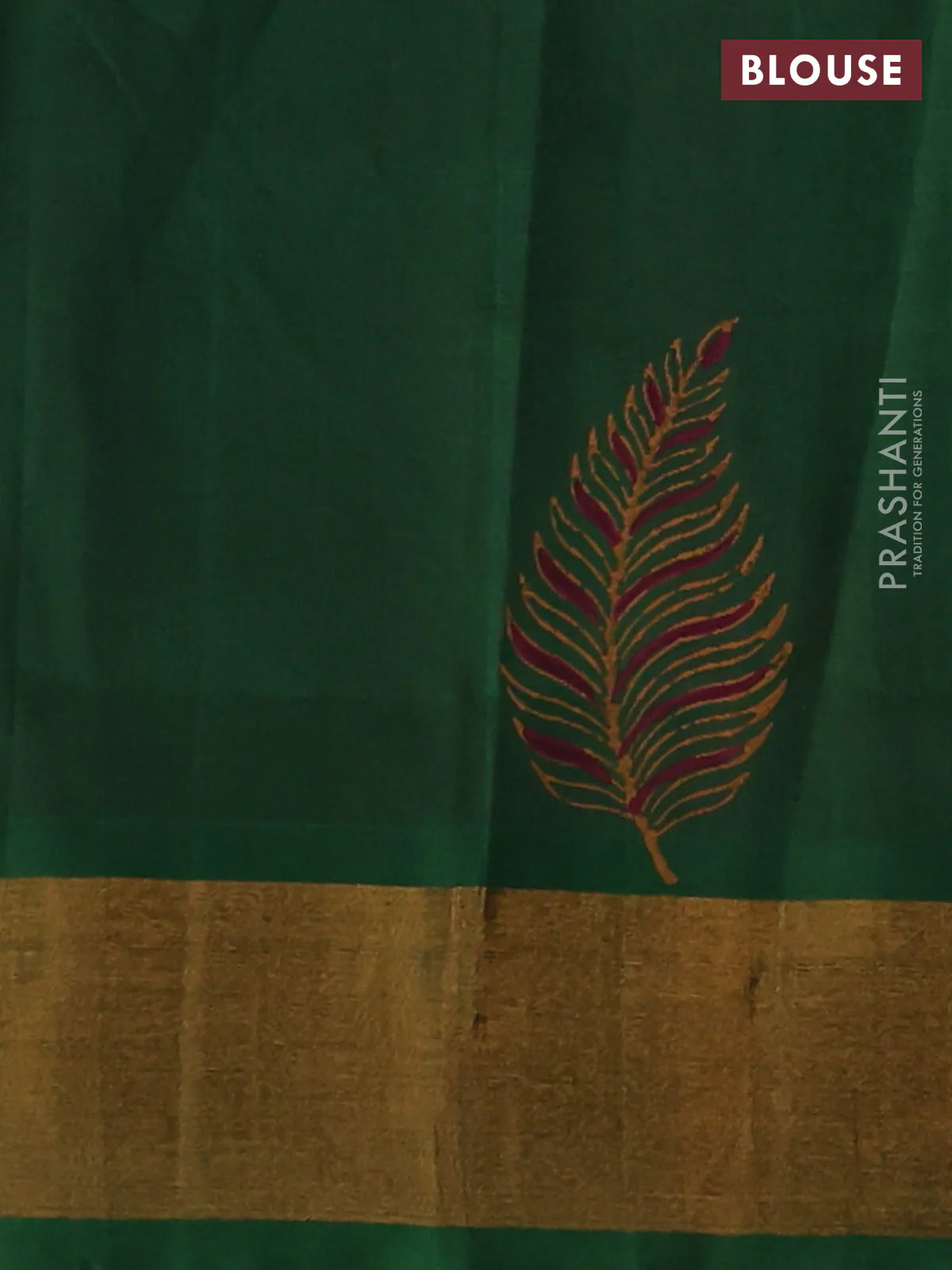 Silk cotton block printed saree maroon and green with allover prints and zari woven border - Image 3