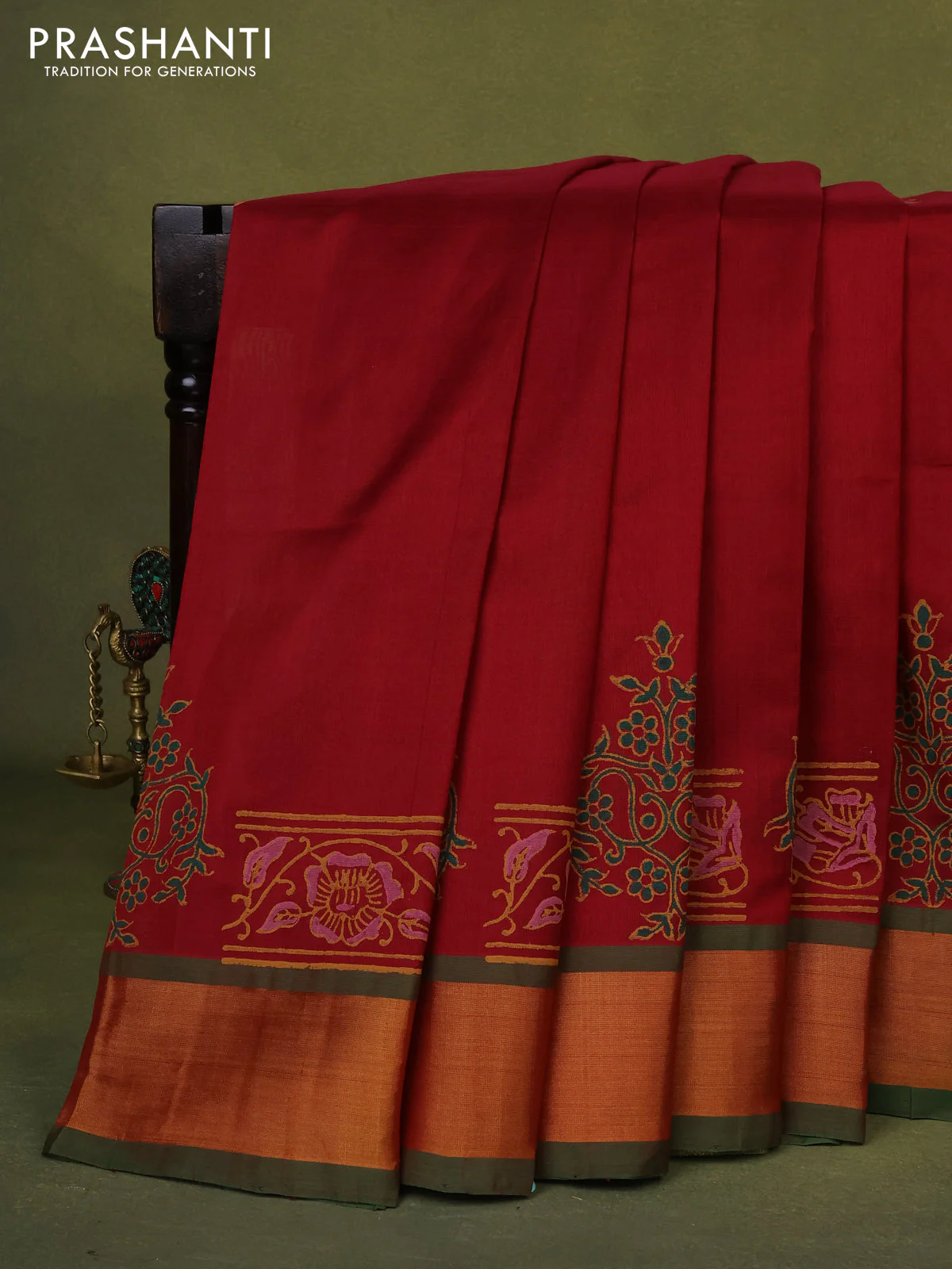 Silk cotton block printed saree maroon and green with butta prints and zari woven border