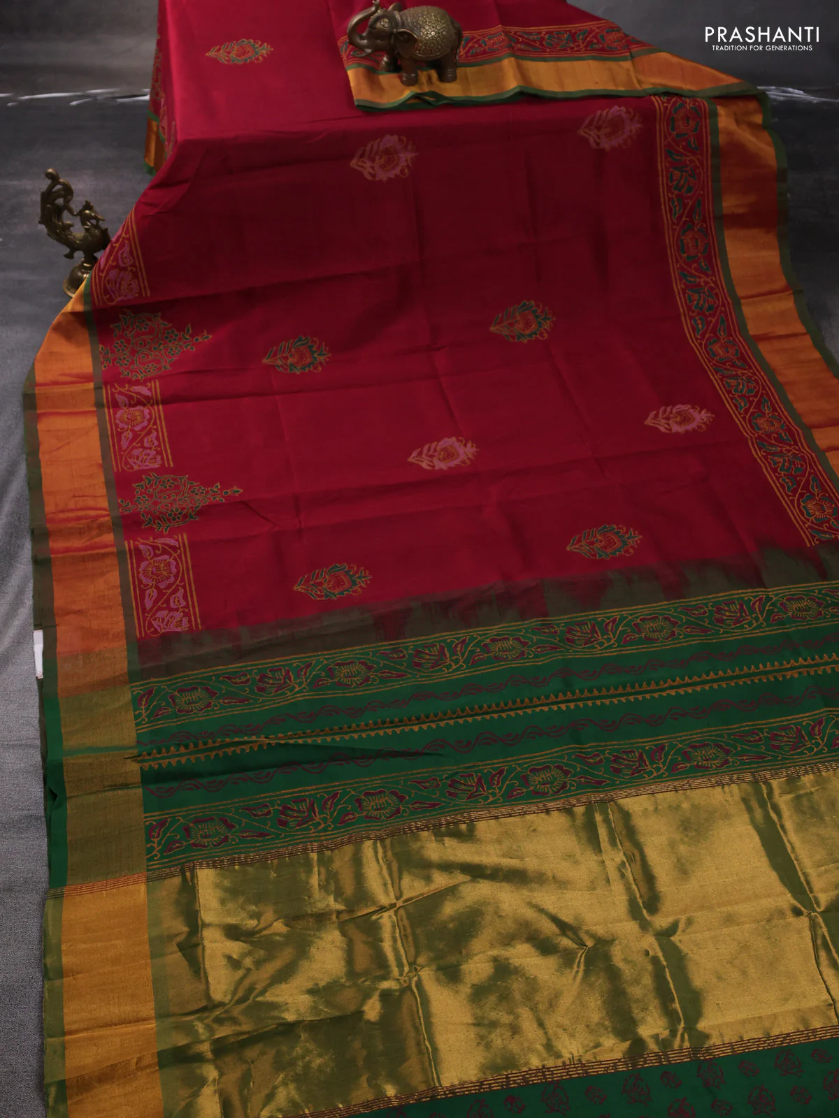 Silk cotton block printed saree maroon and green with butta prints and zari woven border - Image 2