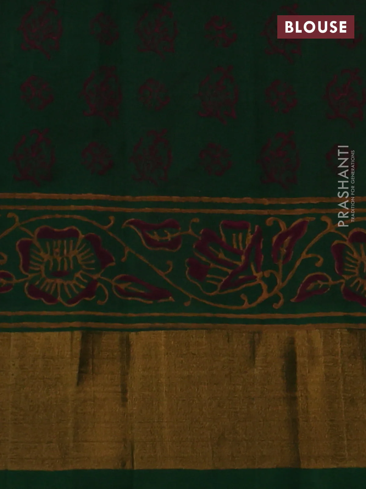 Silk cotton block printed saree maroon and green with butta prints and zari woven border - Image 3