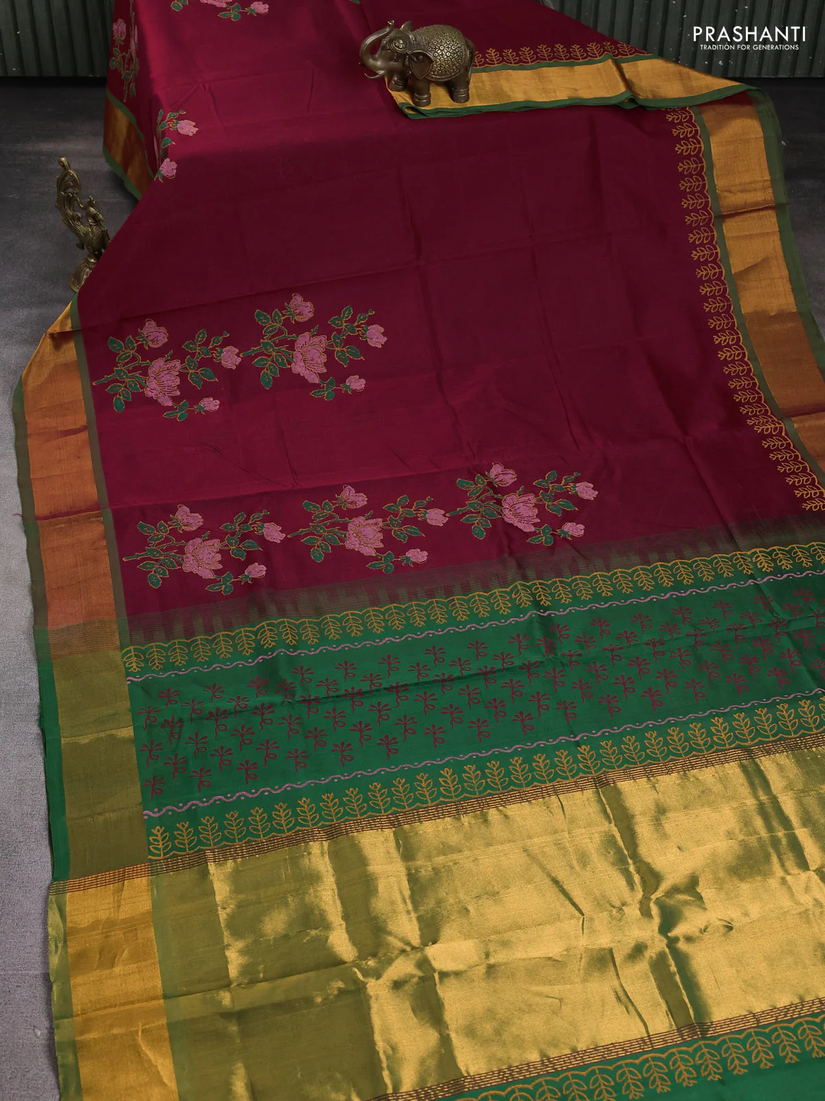Silk cotton block printed saree maroon and green with floral prints and zari woven border - Image 2