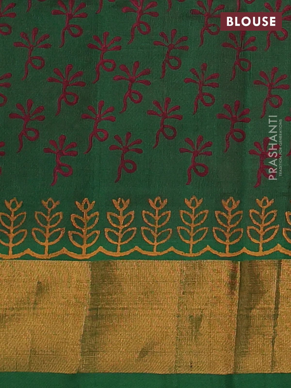 Silk cotton block printed saree maroon and green with floral prints and zari woven border - Image 3